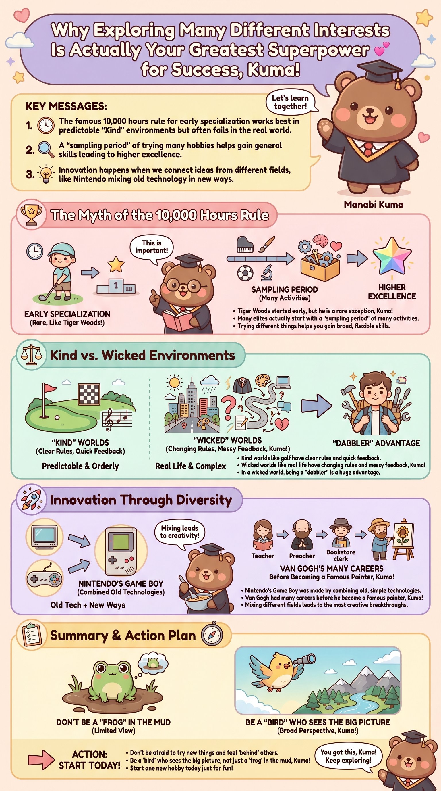 Why Exploring Many Different Interests Is Actually Your Greatest Superpower for Success, Kuma! - 1分でわかるスライド要約 (manabi)