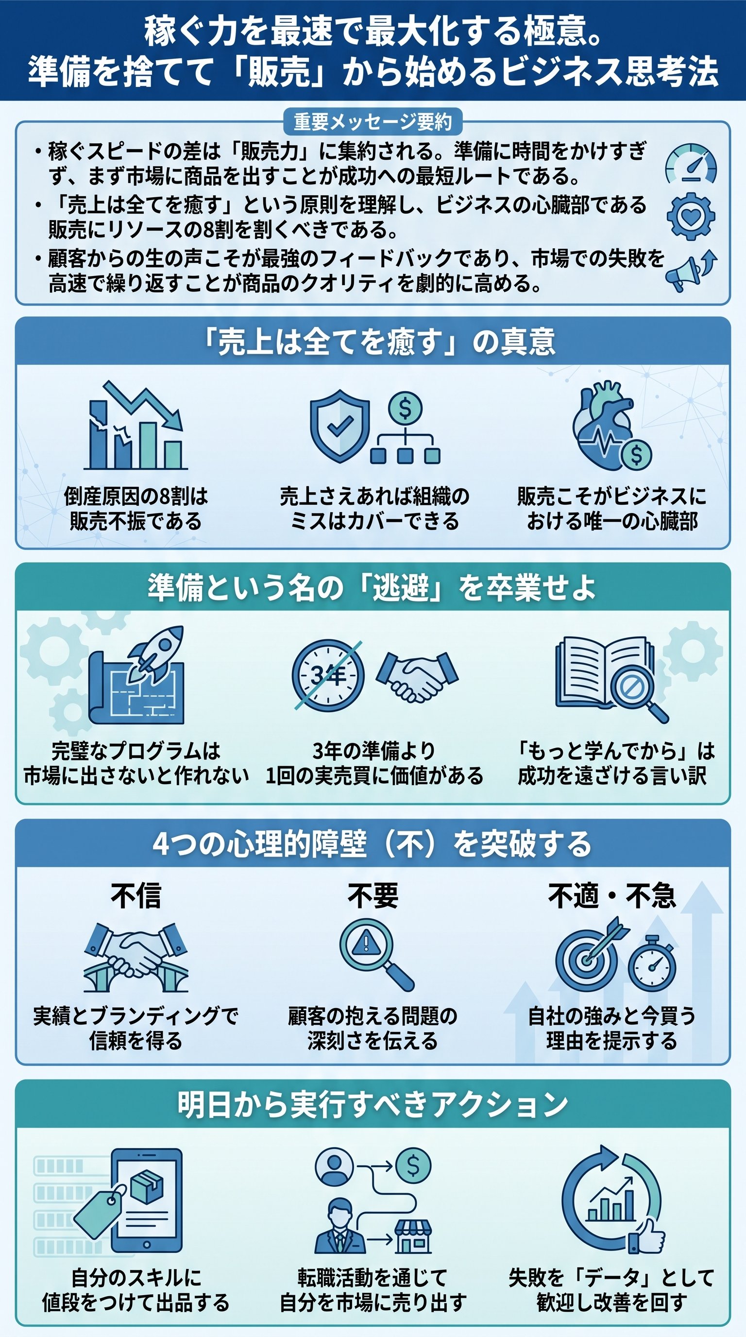 稼ぐ力を最速で最大化する極意。準備を捨てて「販売」から始めるビジネス思考法 - 1分でわかるスライド要約 (manabi)