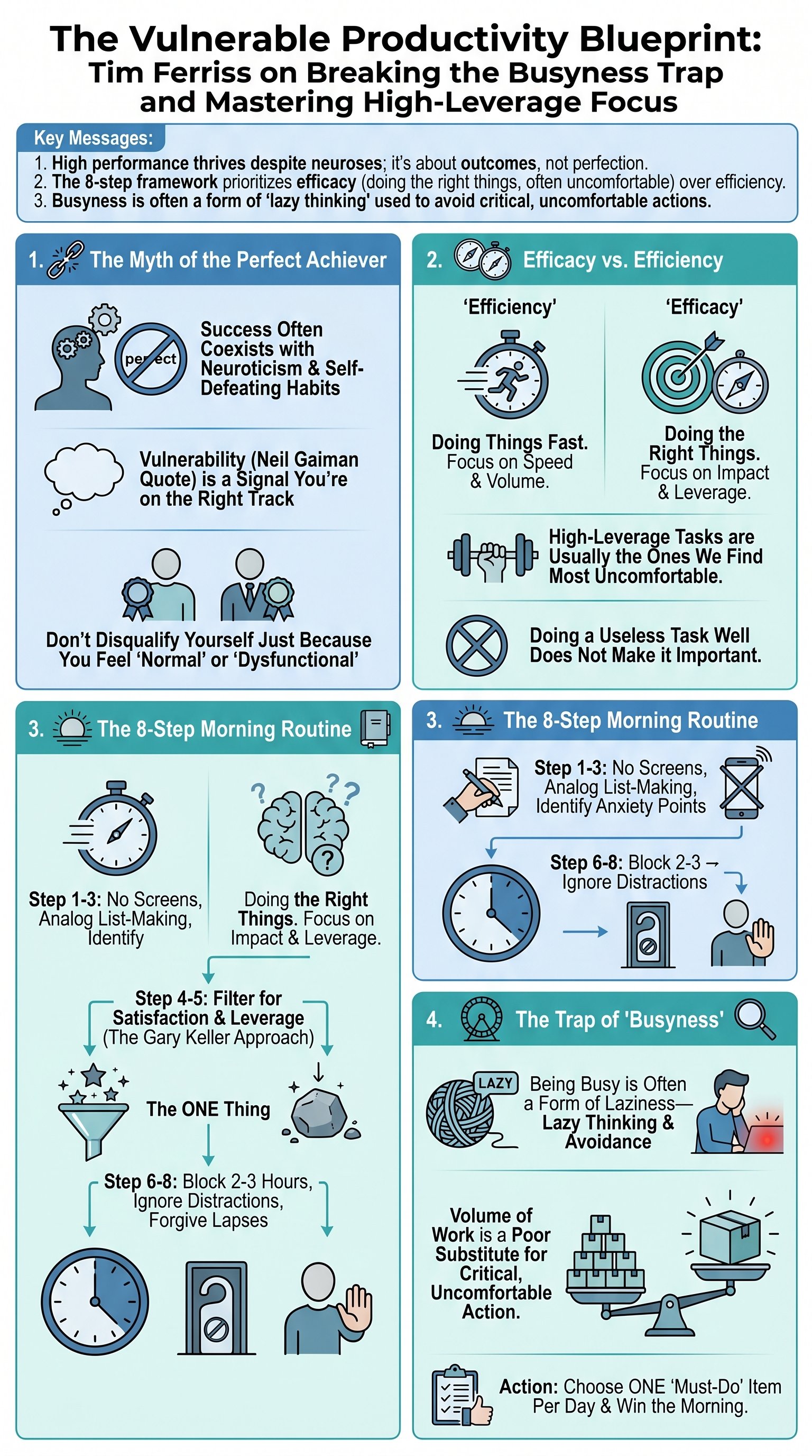 The Vulnerable Productivity Blueprint: Tim Ferriss on Breaking the Busyness Trap and Mastering High-Leverage Focus - 1分でわかるスライド要約 (manabi)