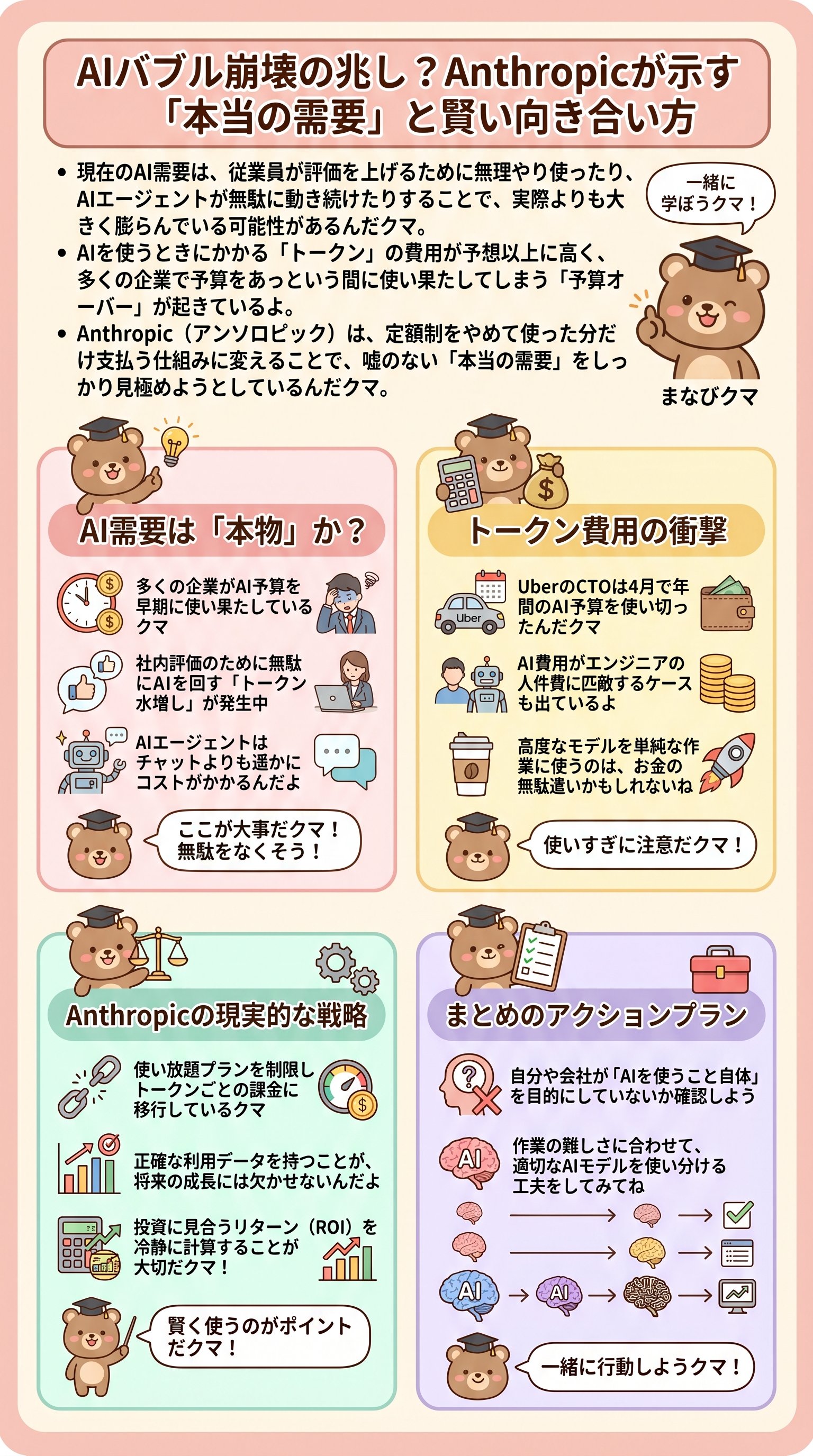 【2026年最新】AI需要は過大評価?Anthropicのコスト削減策を要約 - 1分でわかるスライド要約 (manabi)