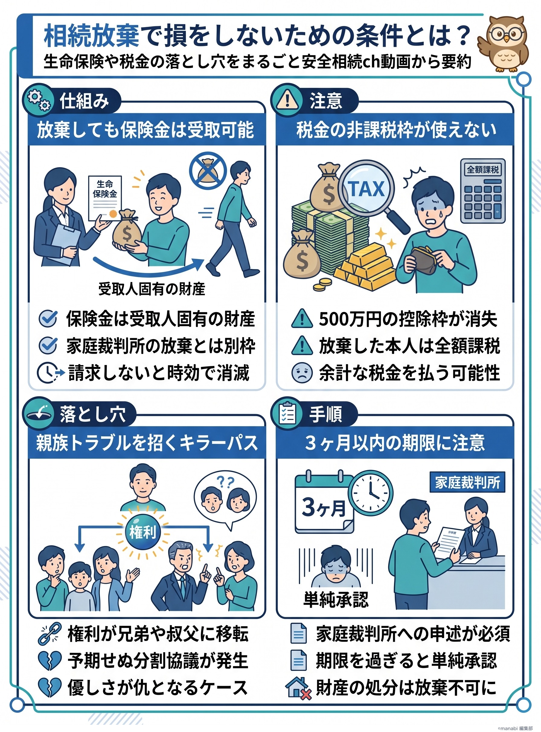 相続放棄で損をしないための条件とは?生命保険や税金の落とし穴をまるごと安全相続ch動画から要約 - 1分でわかるスライド要約 (manabi)