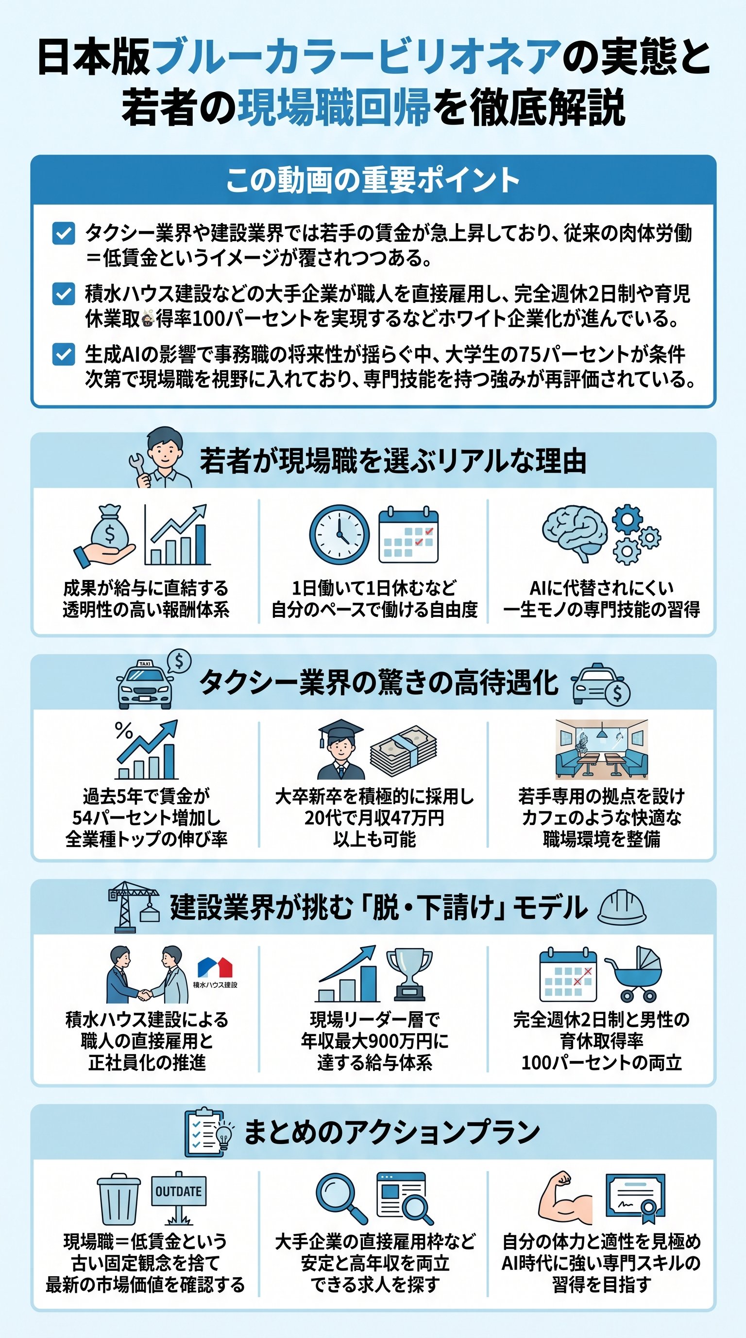 日本版ブルーカラービリオネアの実態と若者の現場職回帰を徹底解説 - 1分でわかるスライド要約 (manabi)