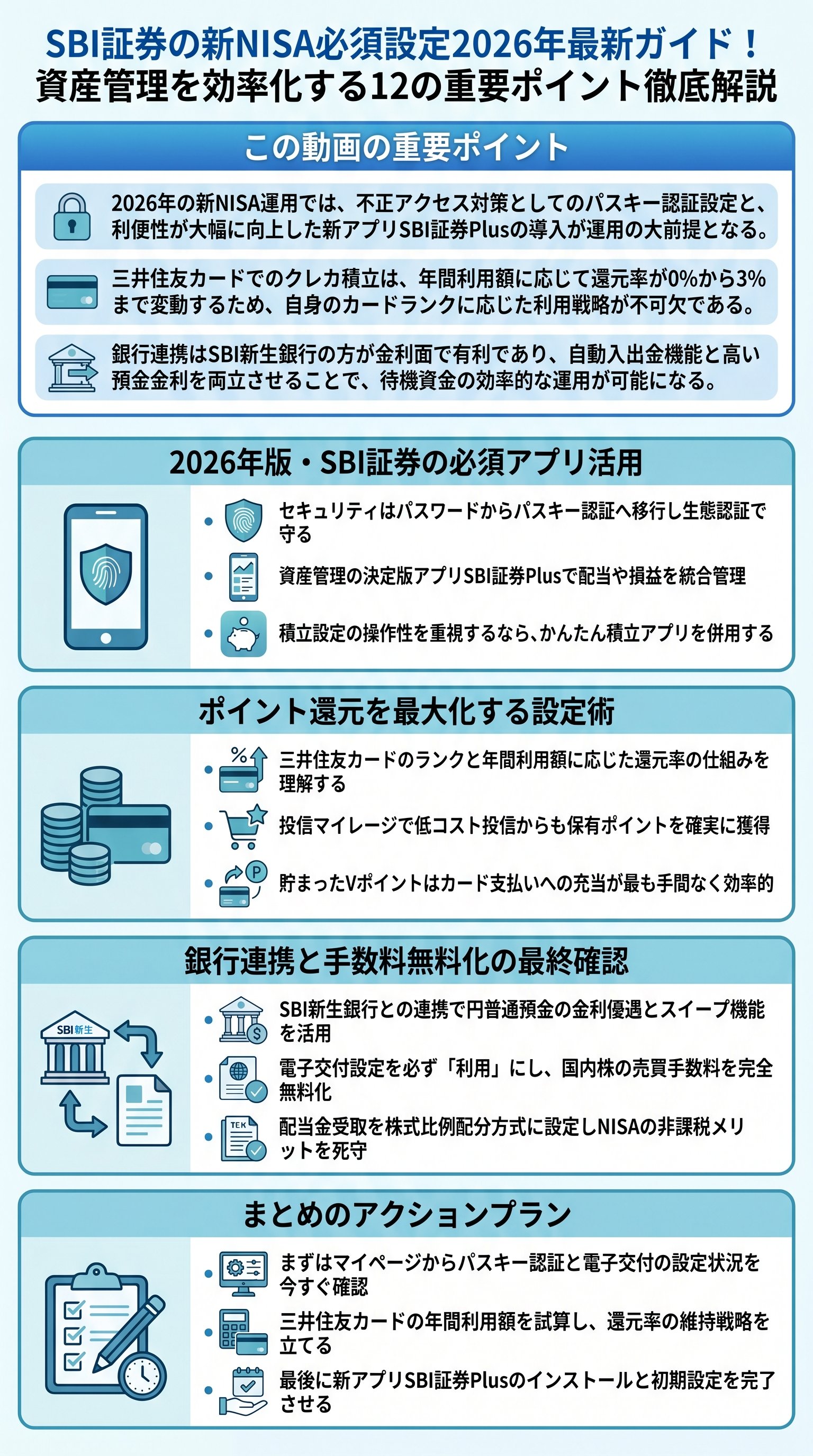 SBI証券の新NISA必須設定2026年最新ガイド！資産管理を効率化する12の重要ポイント徹底解説 - 1分でわかるスライド要約 (manabi)