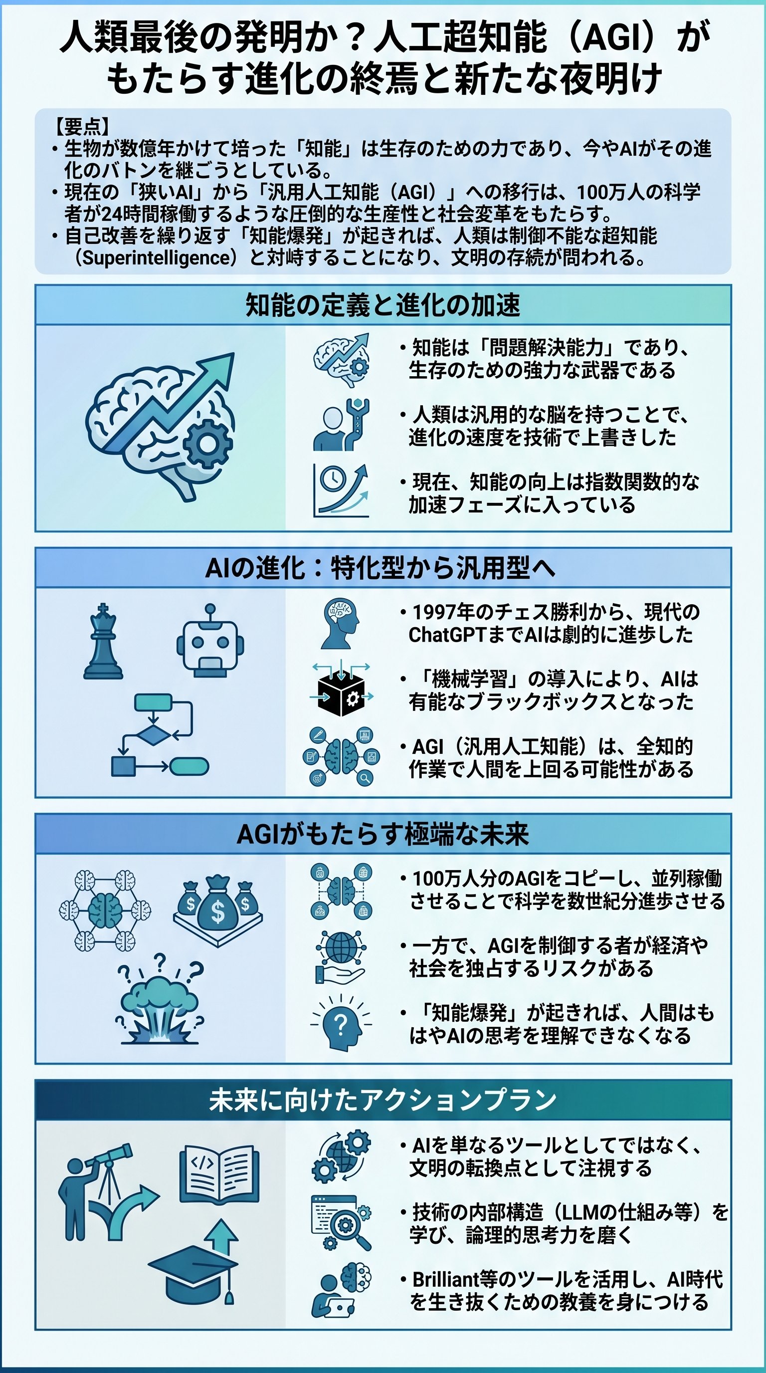 人類最後の発明か？人工超知能（AGI）がもたらす進化の終焉と新たな夜明け - 1分でわかるスライド要約 (manabi)
