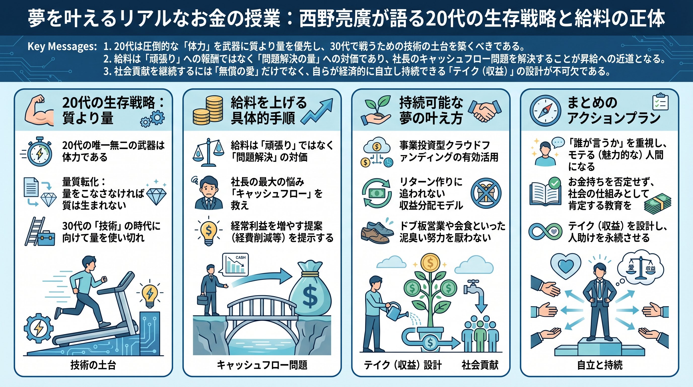 夢を叶えるリアルなお金の授業:西野亮廣が語る20代の生存戦略と給料の正体を要約 - まとめ図解要約 (manabi)