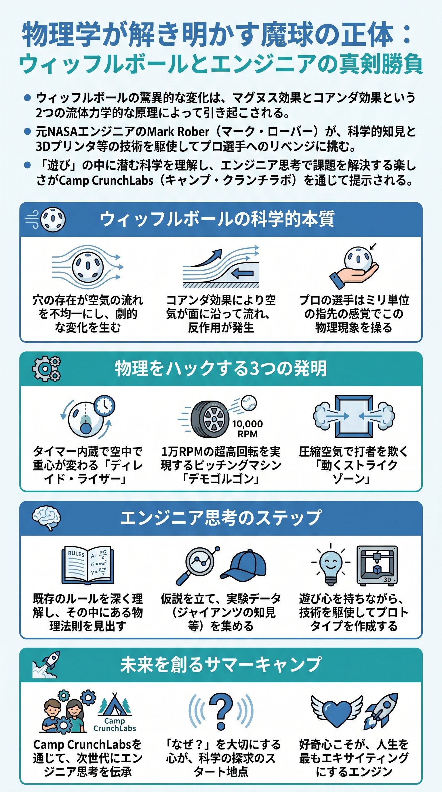 物理学が解き明かす魔球の正体：ウィッフルボールとエンジニアの真剣勝負 - 1分でわかるスライド要約 (manabi)