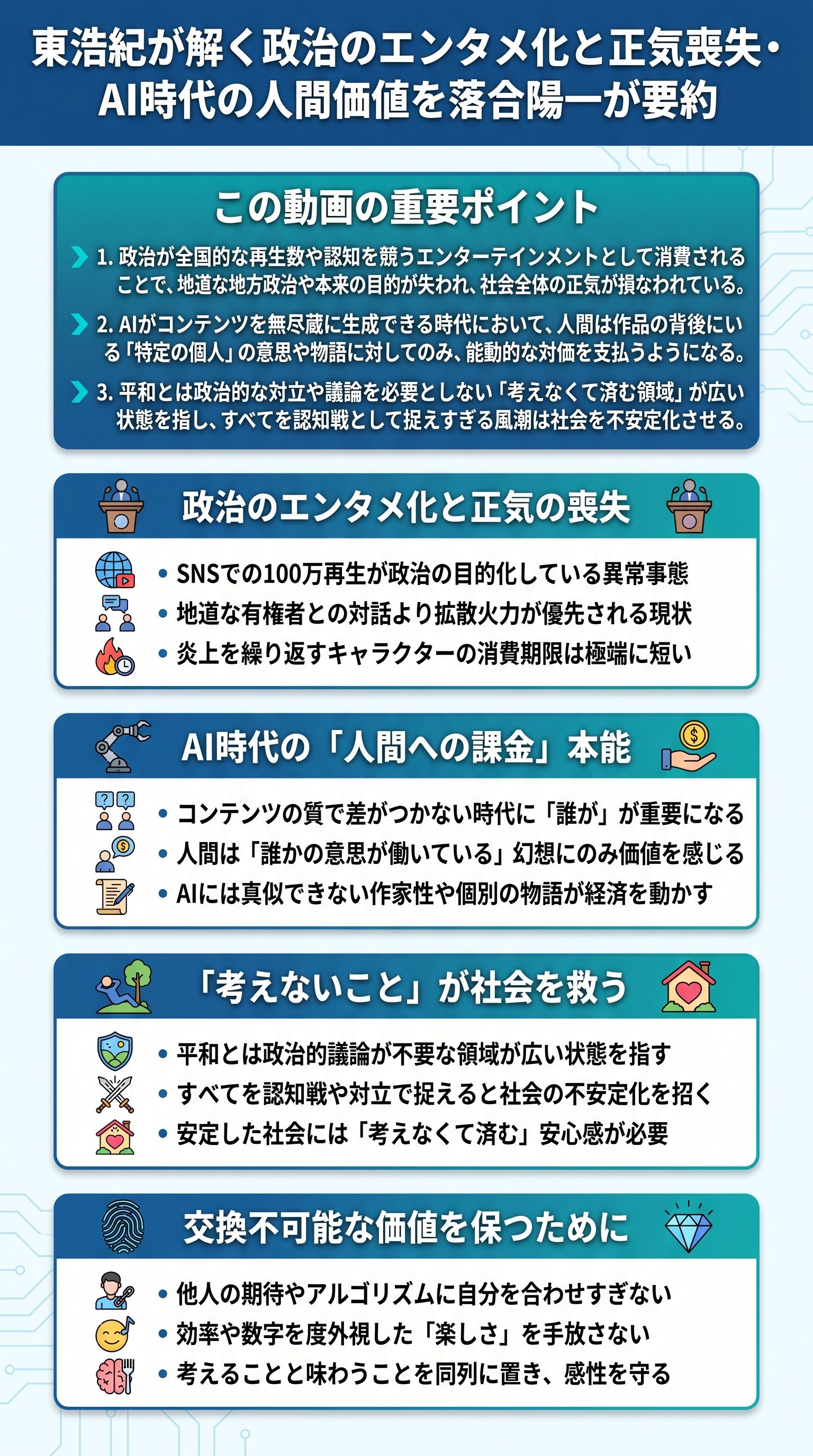 東浩紀が解く政治のエンタメ化と正気喪失・AI時代の人間価値を落合陽一が要約 - 1分でわかるスライド要約 (manabi)