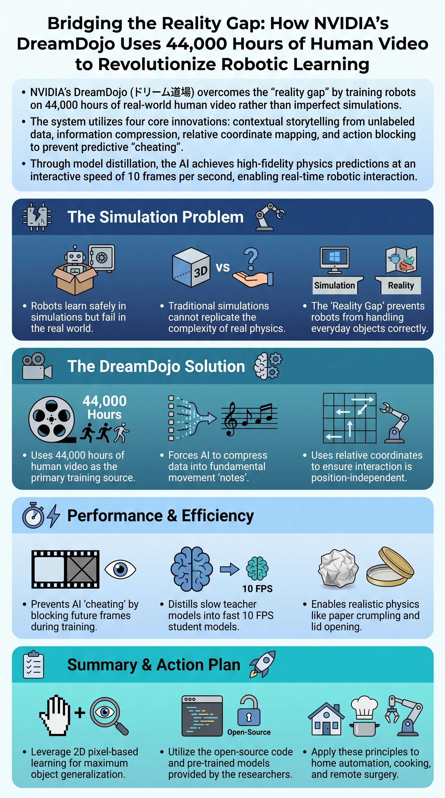 Bridging the Reality Gap: How NVIDIA’s DreamDojo Uses 44,000 Hours of Human Video to Revolutionize Robotic Learning - 1分でわかるスライド要約 (manabi)