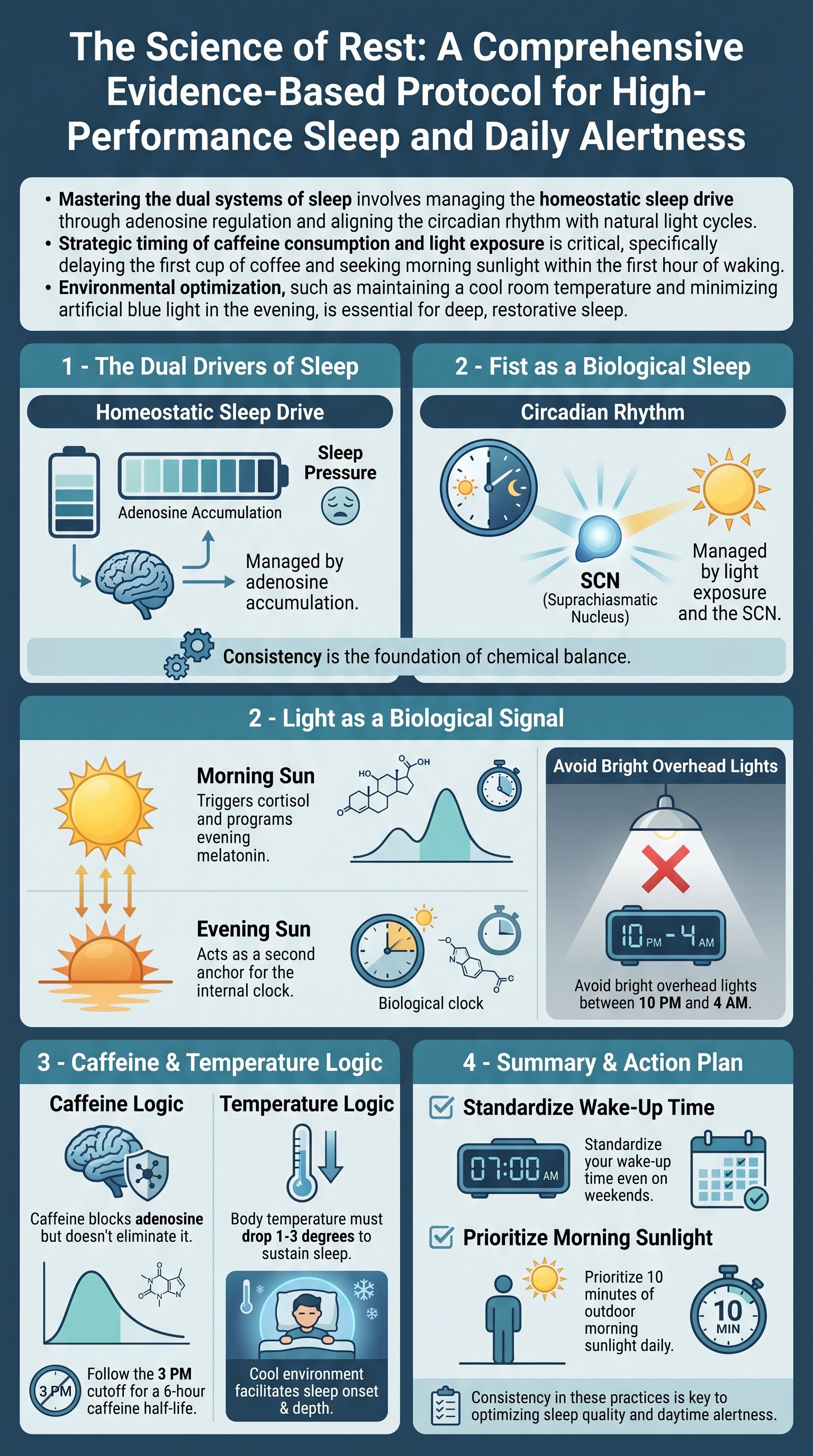 The Science of Rest: A Comprehensive Evidence-Based Protocol for High-Performance Sleep and Daily Alertness - 1分でわかるスライド要約 (manabi)