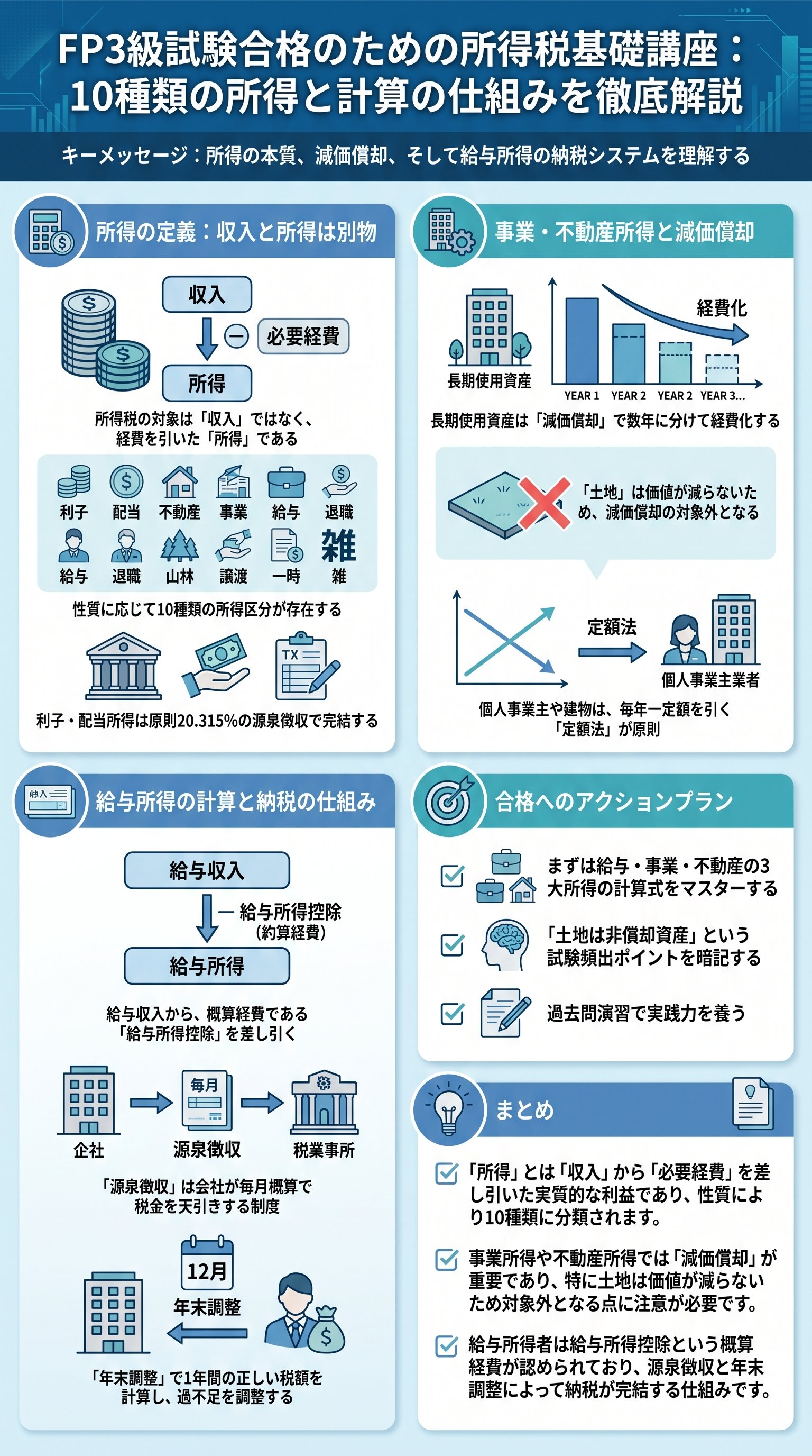 FP3級試験合格のための所得税基礎講座:10種類の所得と計算の仕組みを徹底解説を要約 - 1分でわかるスライド要約 (manabi)