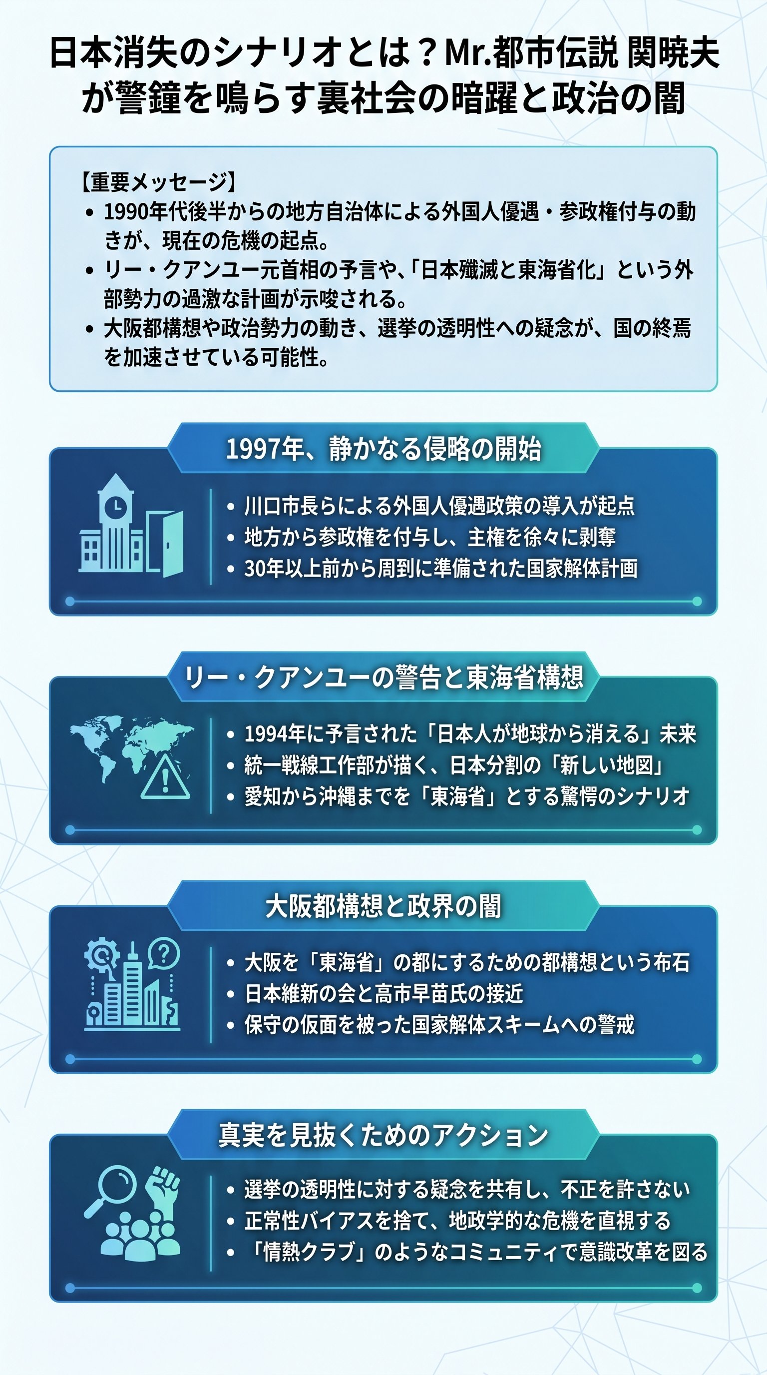 関暁夫が語る「日本消滅の危機」とは?外国人優遇と政治の闇を要約 - 1分でわかるスライド要約 (manabi)