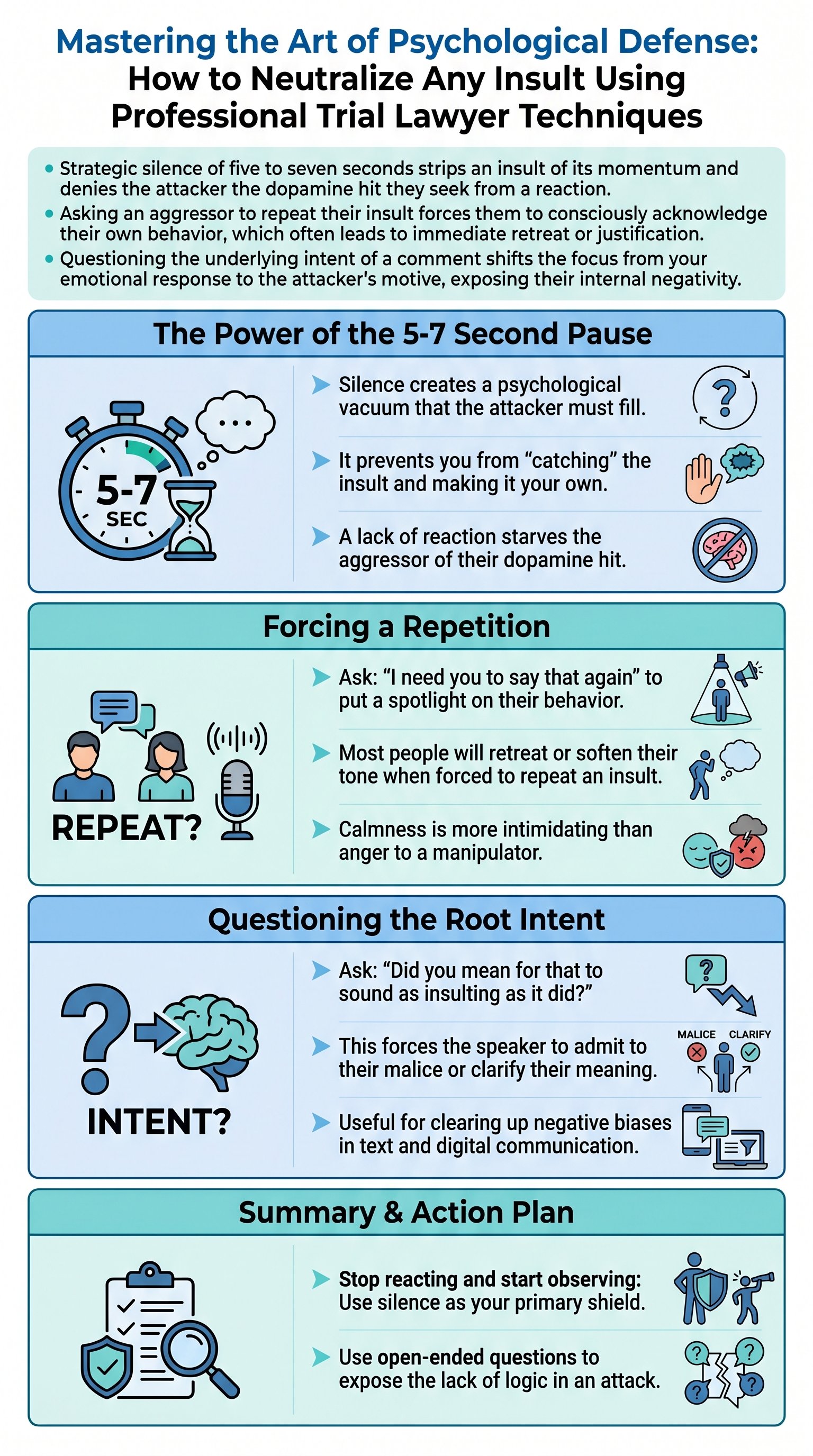 Mastering the Art of Psychological Defense: How to Neutralize Any Insult Using Professional Trial Lawyer Techniques - 1分でわかるスライド要約 (manabi)