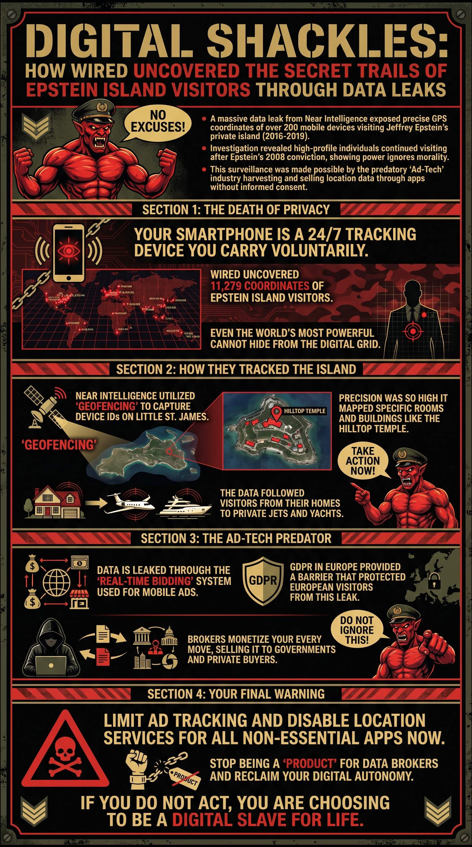Digital Shackles: How WIRED Uncovered the Secret Trails of Epstein Island Visitors Through Data Leaks - 1分でわかるスライド要約 (manabi)