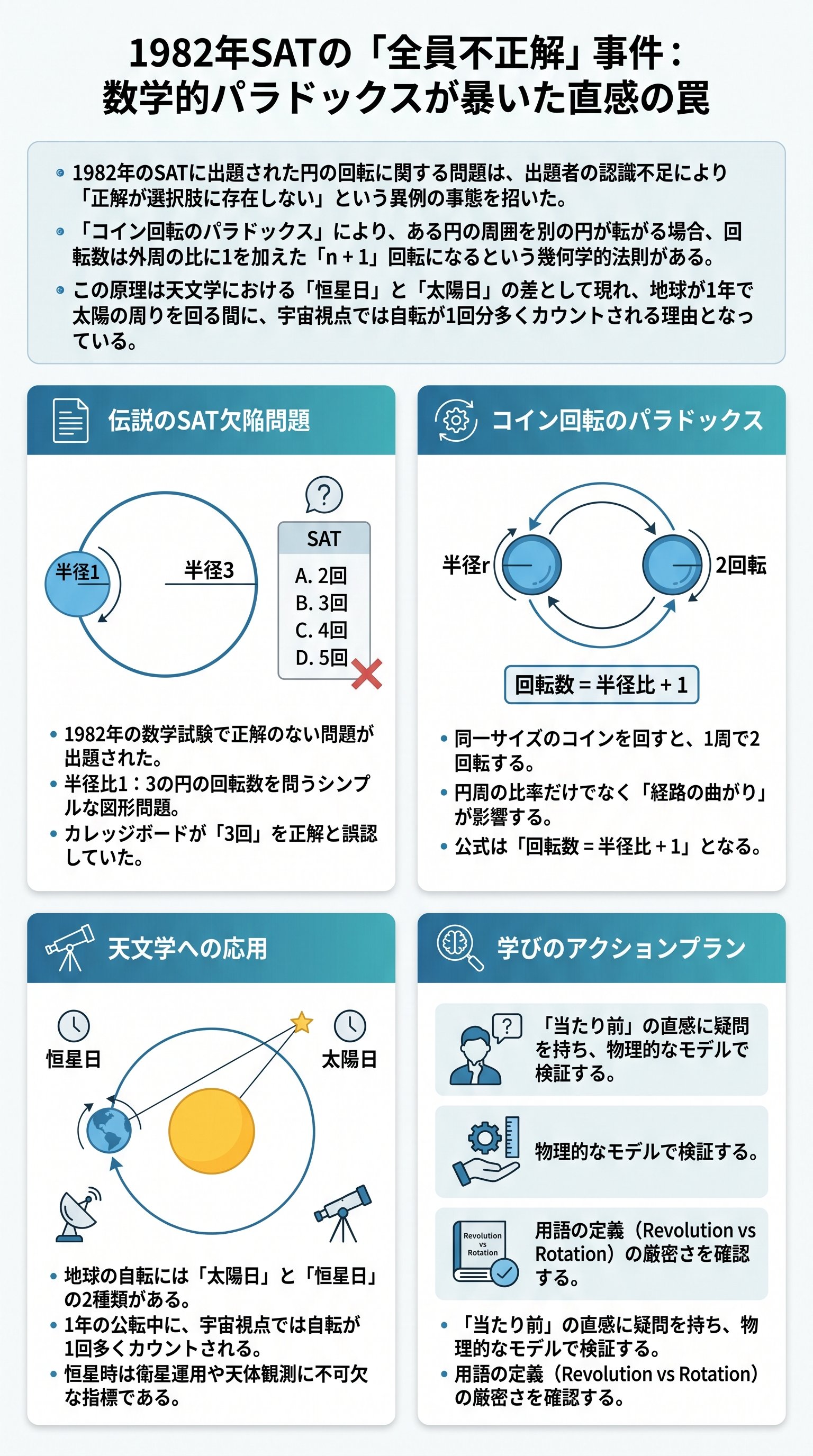 1982年SATの「全員不正解」事件：数学的パラドックスが暴いた直感の罠 - 1分でわかるスライド要約 (manabi)