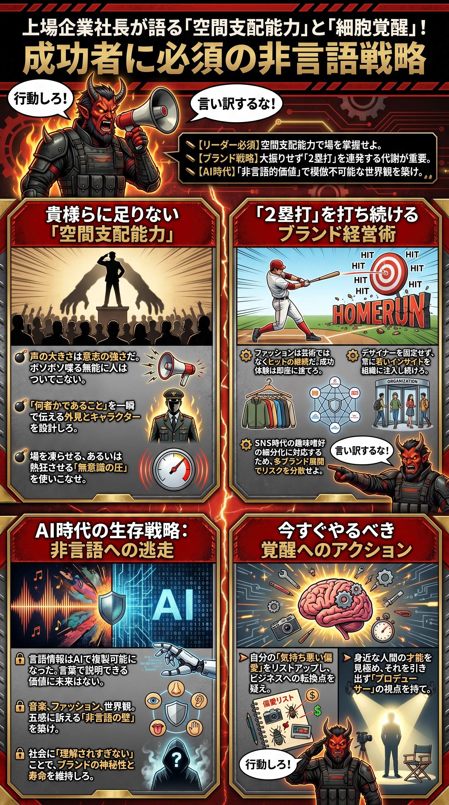 上場企業社長が語る「空間支配能力」と「細胞覚醒」！成功者に必須の非言語戦略 - 1分でわかるスライド要約 (manabi)