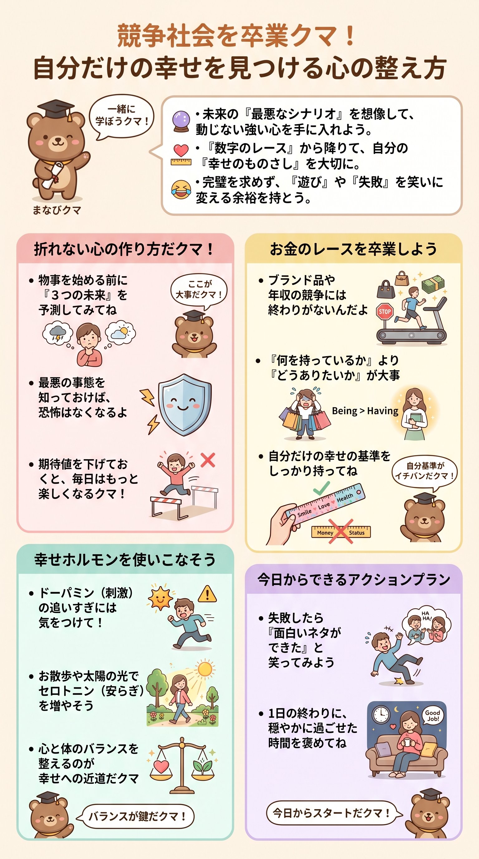 競争社会を卒業クマ！自分だけの幸せを見つける心の整え方 - 1分でわかるスライド要約 (manabi)
