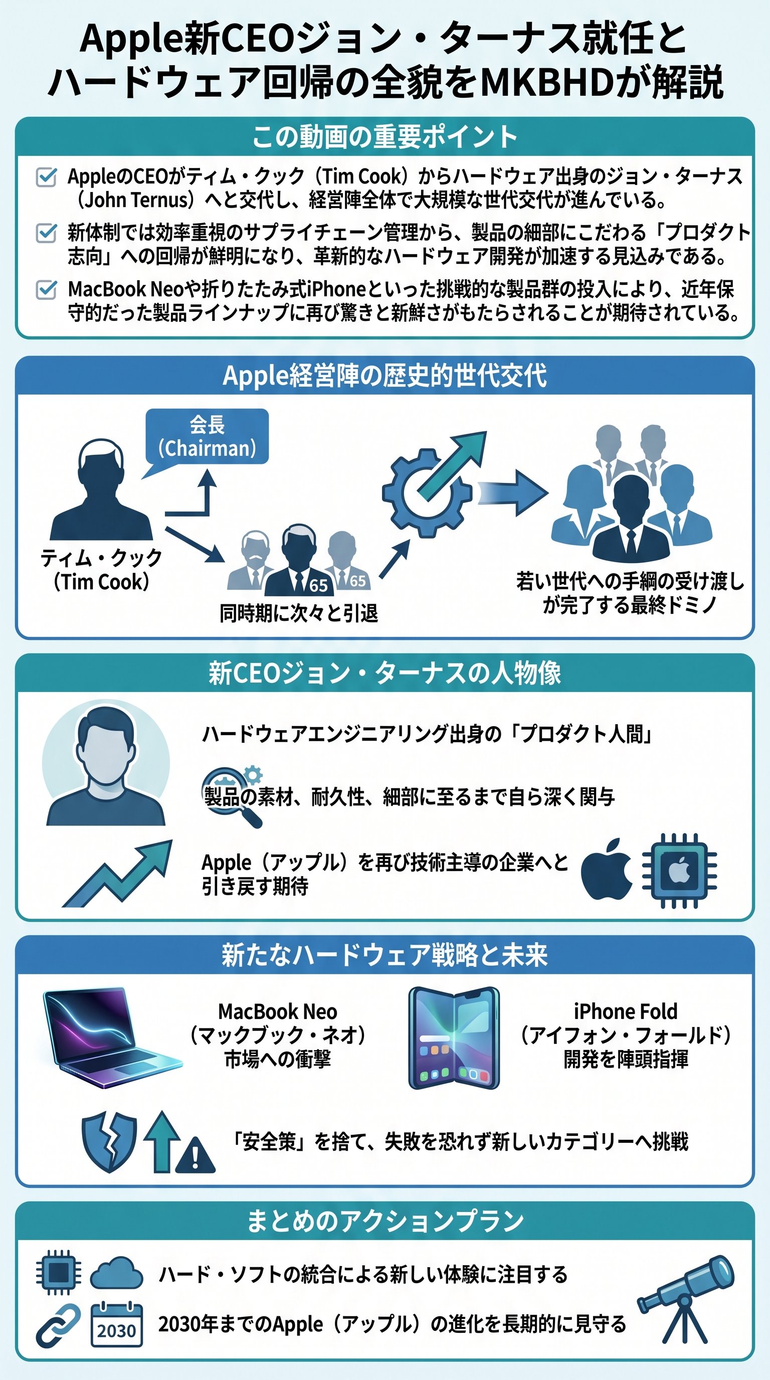 Apple新CEOジョン・ターナス就任とハードウェア回帰の全貌をMKBHDが解説 - 1分でわかるスライド要約 (manabi)