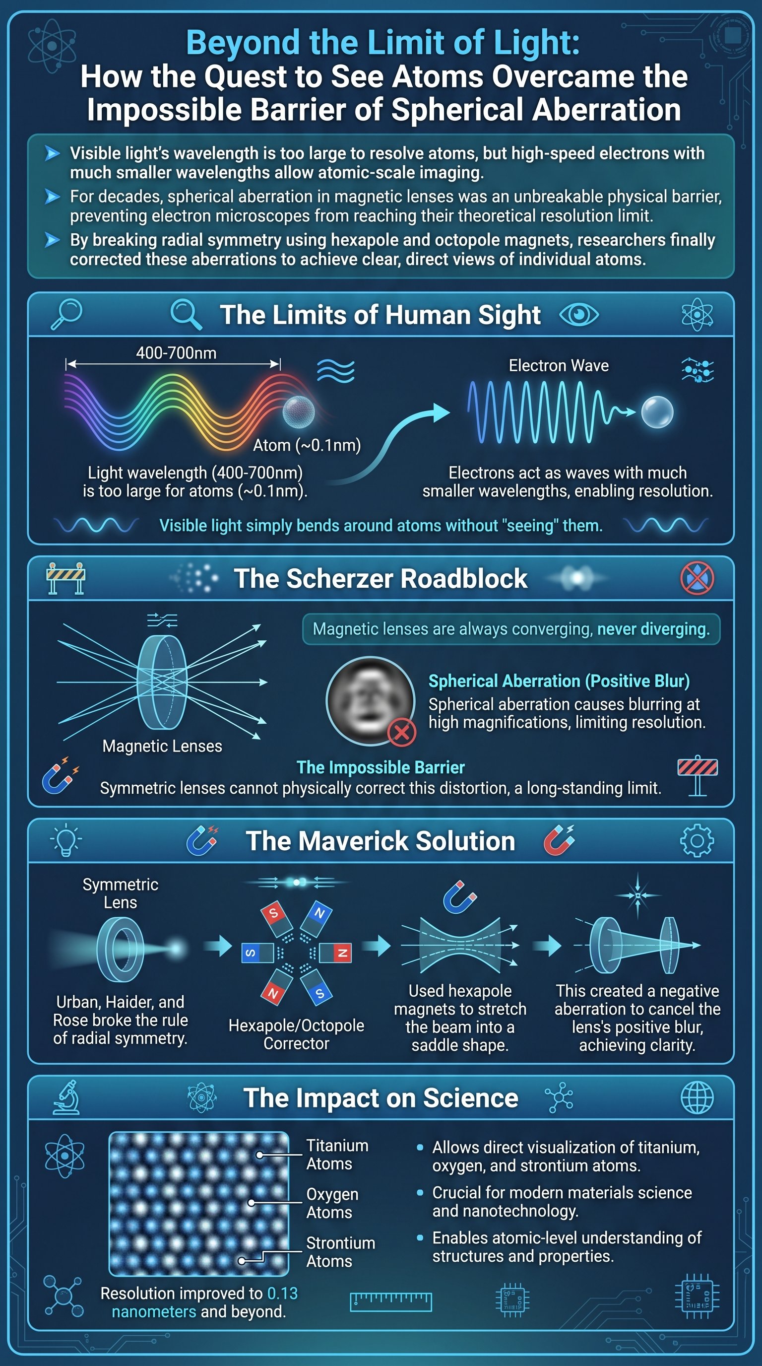 Beyond the Limit of Light: How the Quest to See Atoms Overcame the Impossible Barrier of Spherical Aberration - 1分でわかるスライド要約 (manabi)