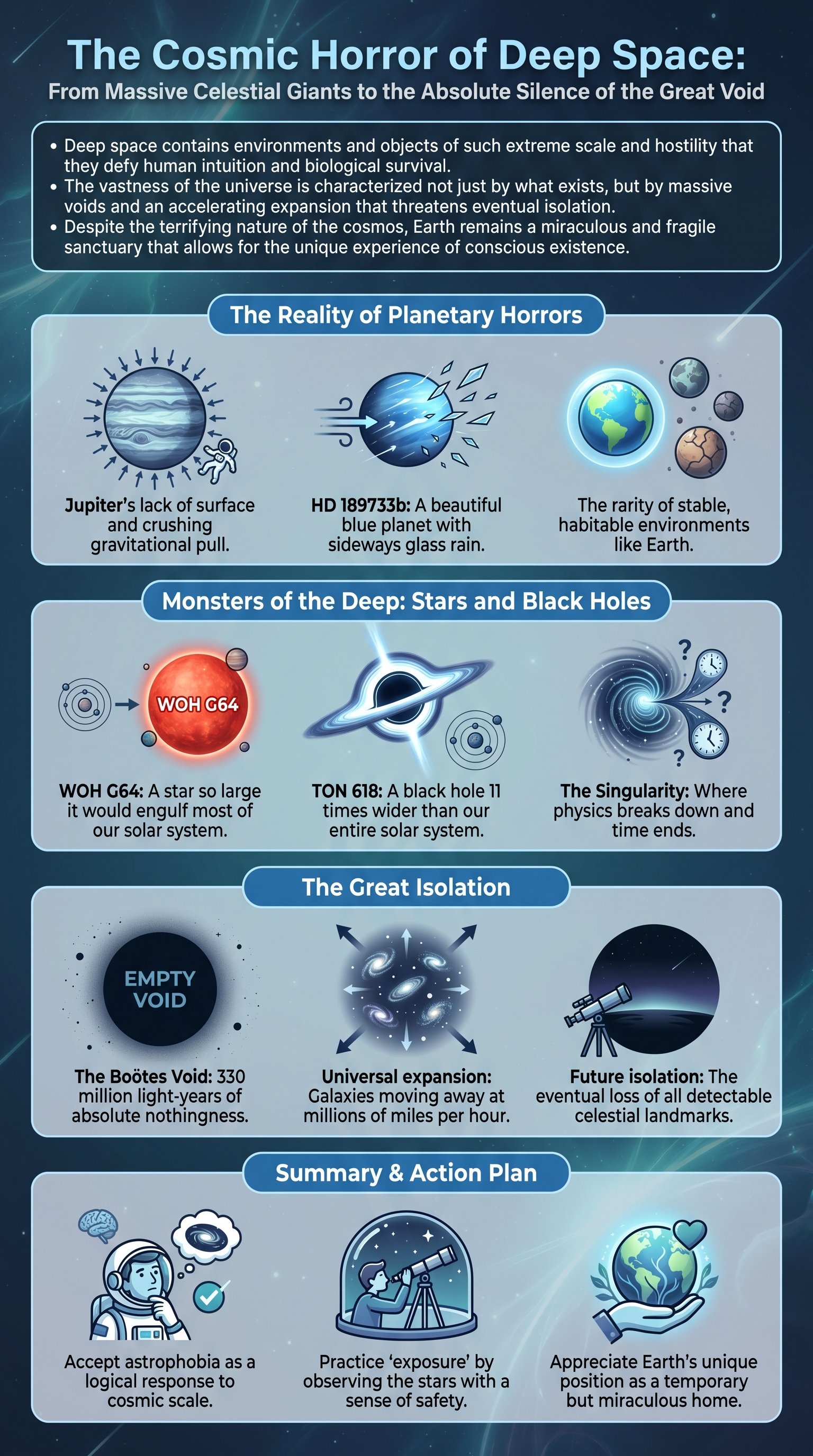 The Cosmic Horror of Deep Space: From Massive Celestial Giants to the Absolute Silence of the Great Void - 1分でわかるスライド要約 (manabi)