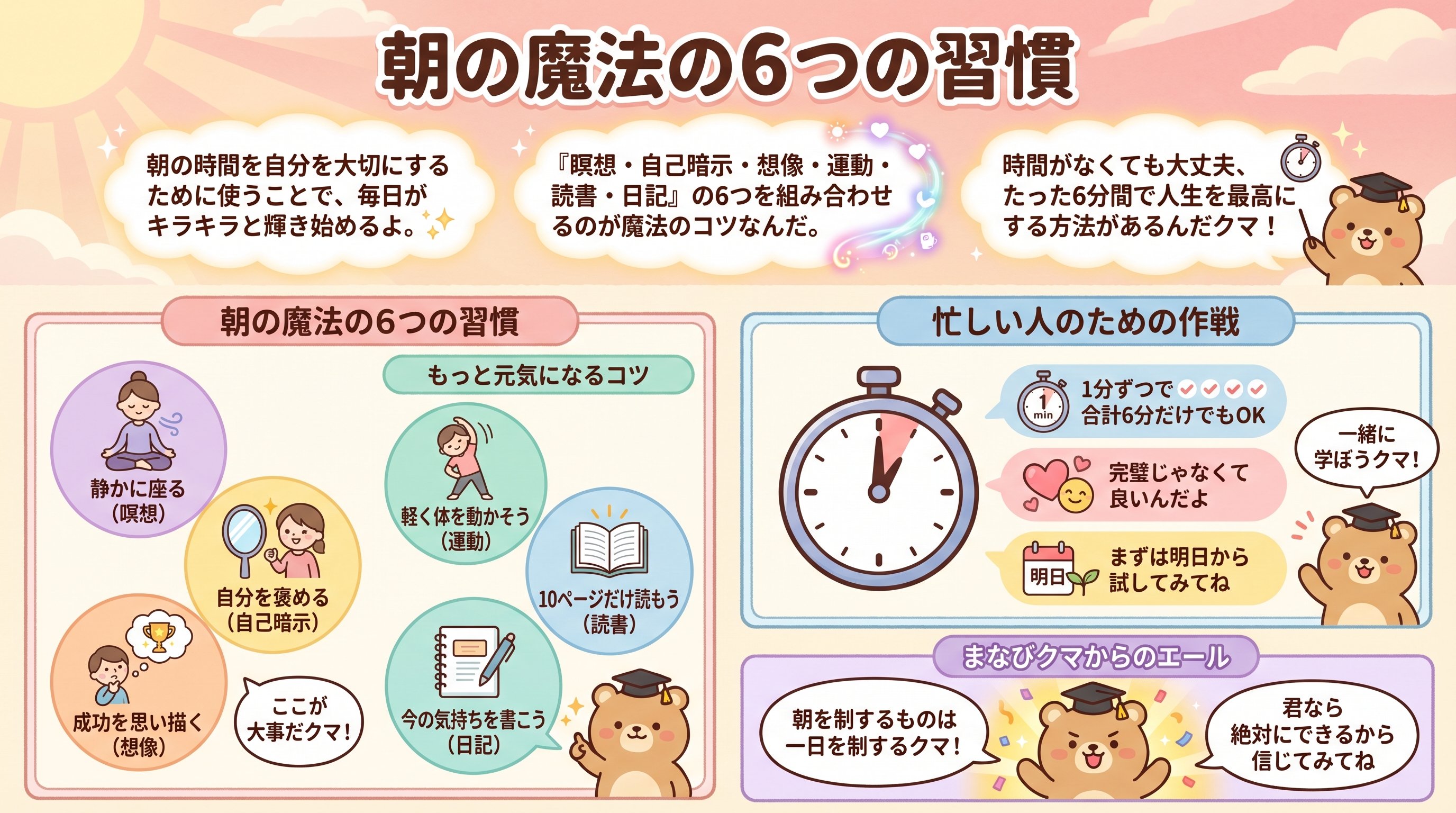人生を変えるモーニングメソッド:朝が弱い人でも続く6分習慣:要約:サラタメさん - まとめ図解要約 (manabi)