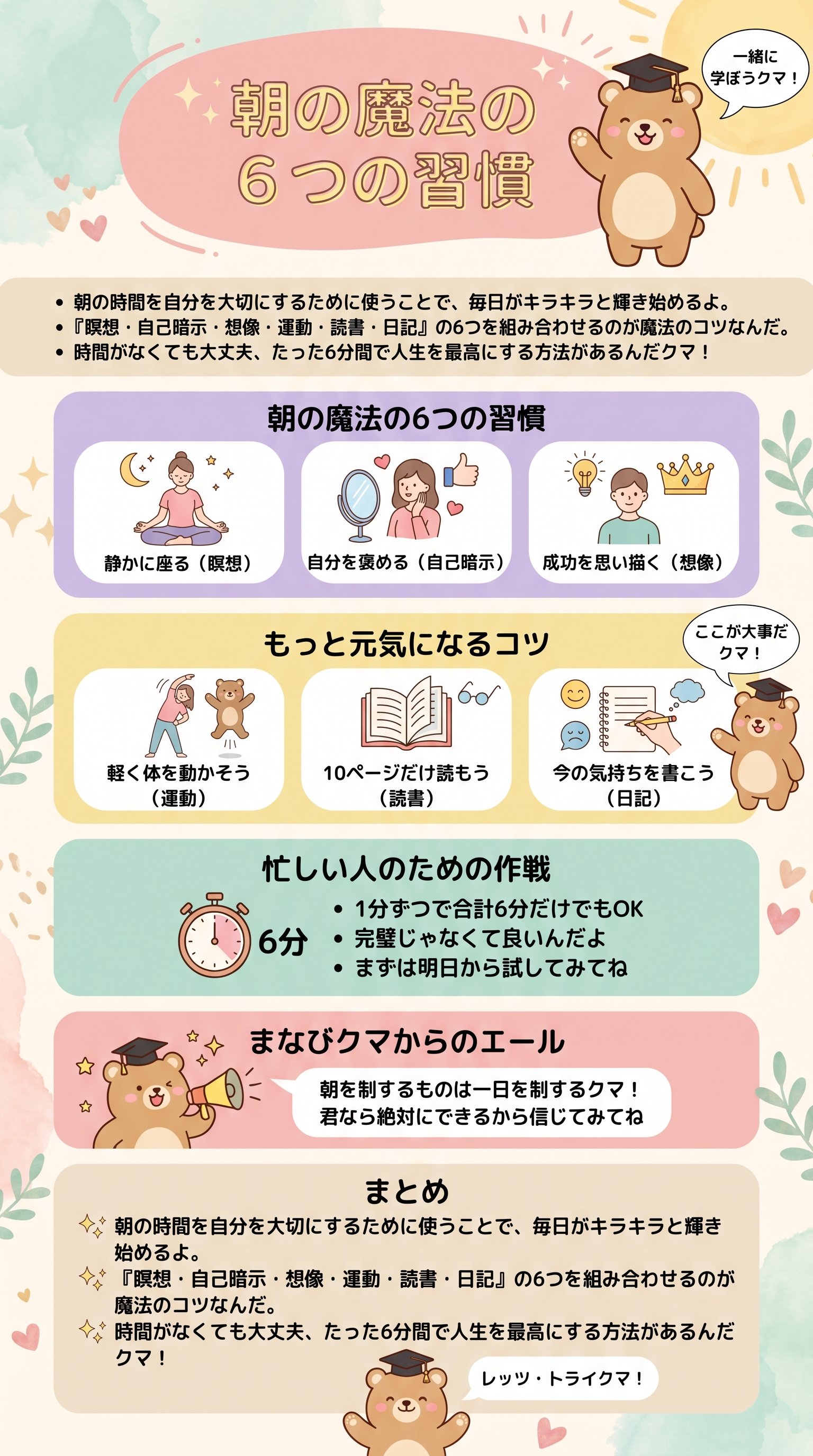 人生を変えるモーニングメソッド:朝が弱い人でも続く6分習慣:要約:サラタメさん - 1分でわかるスライド要約 (manabi)