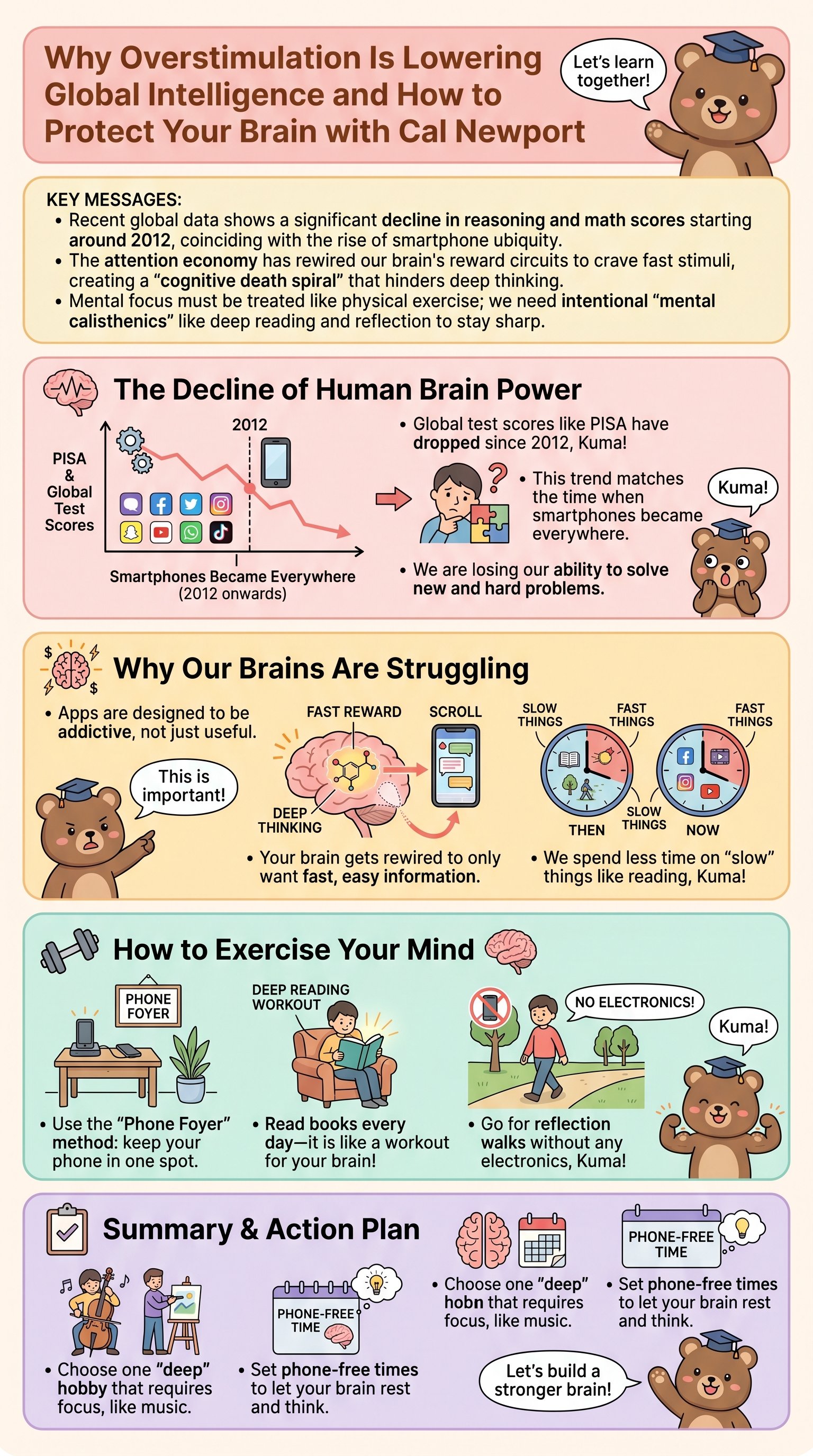 Why Overstimulation Is Lowering Global Intelligence and How to Protect Your Brain with Cal Newport - 1分でわかるスライド要約 (manabi)