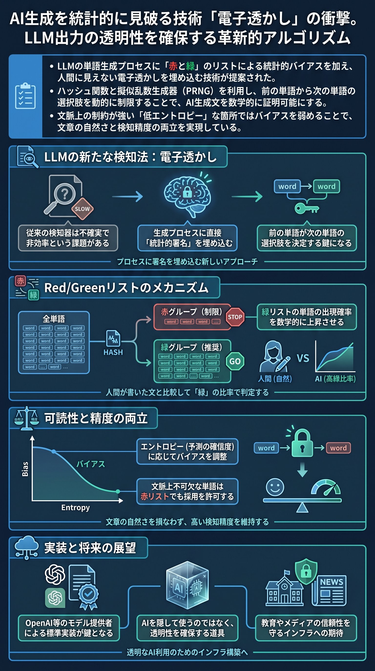 AI生成を統計的に見破る技術「電子透かし」の衝撃。LLM出力の透明性を確保する革新的アルゴリズム - 1分でわかるスライド要約 (manabi)