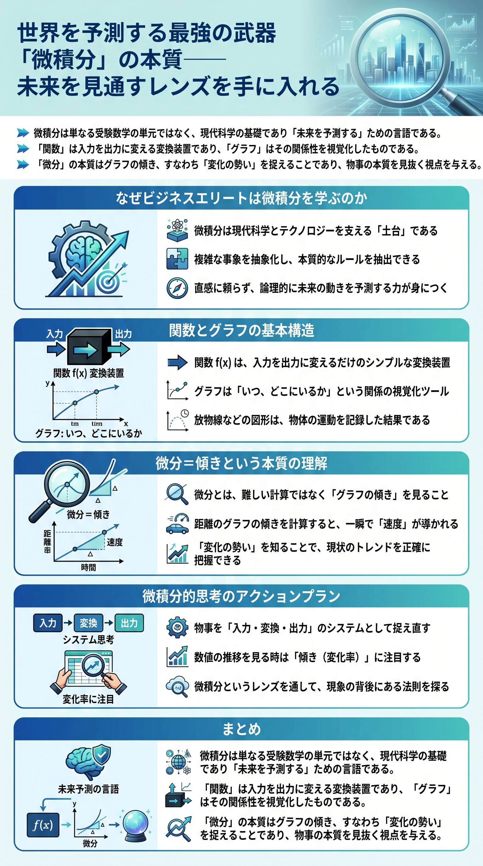世界を予測する最強の武器「微積分」の本質――未来を見通すレンズを手に入れる - 1分でわかるスライド要約 (manabi)