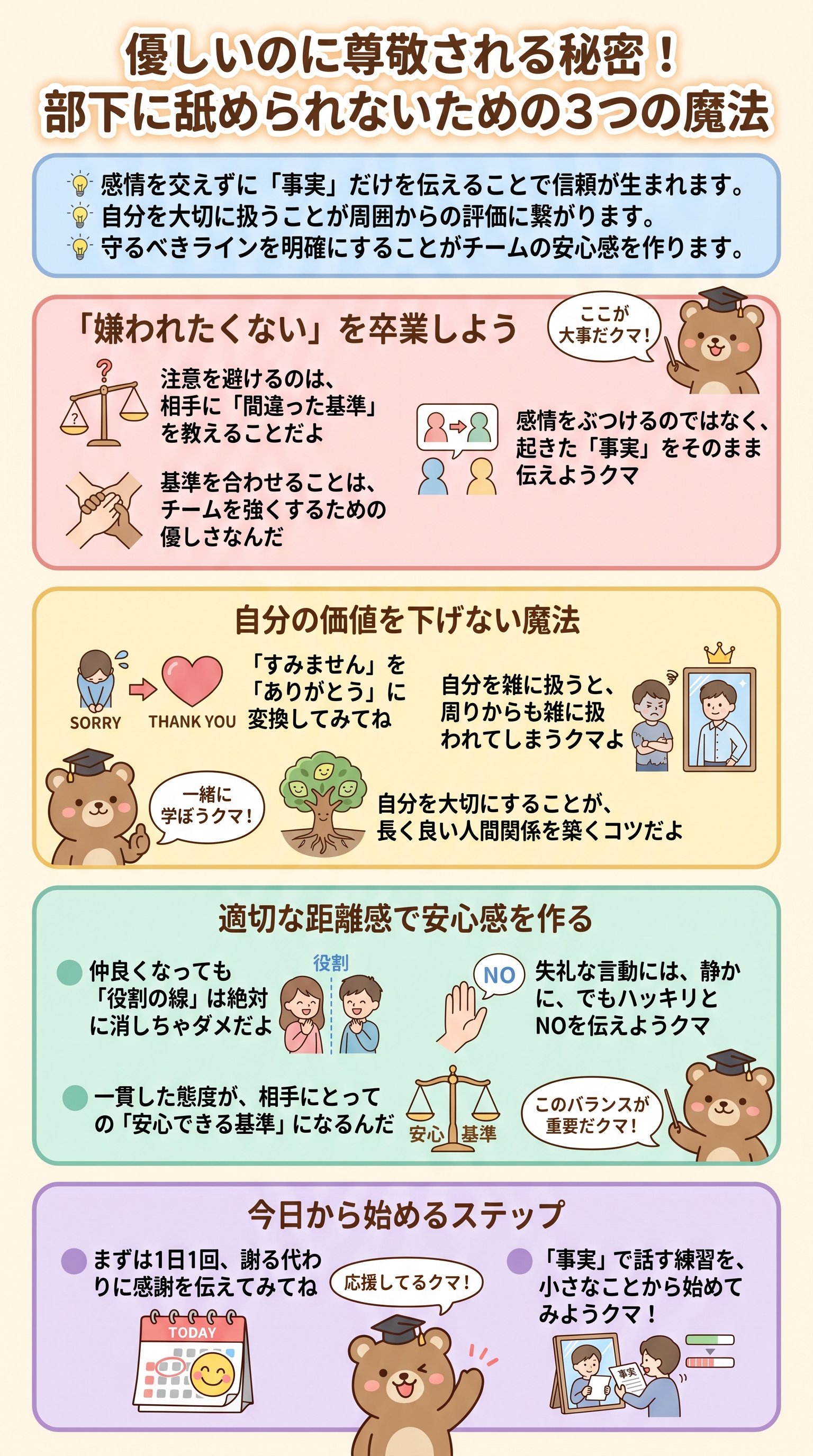 優しいのに尊敬される秘密！部下に舐められないための3つの魔法 - 1分でわかるスライド要約 (manabi)