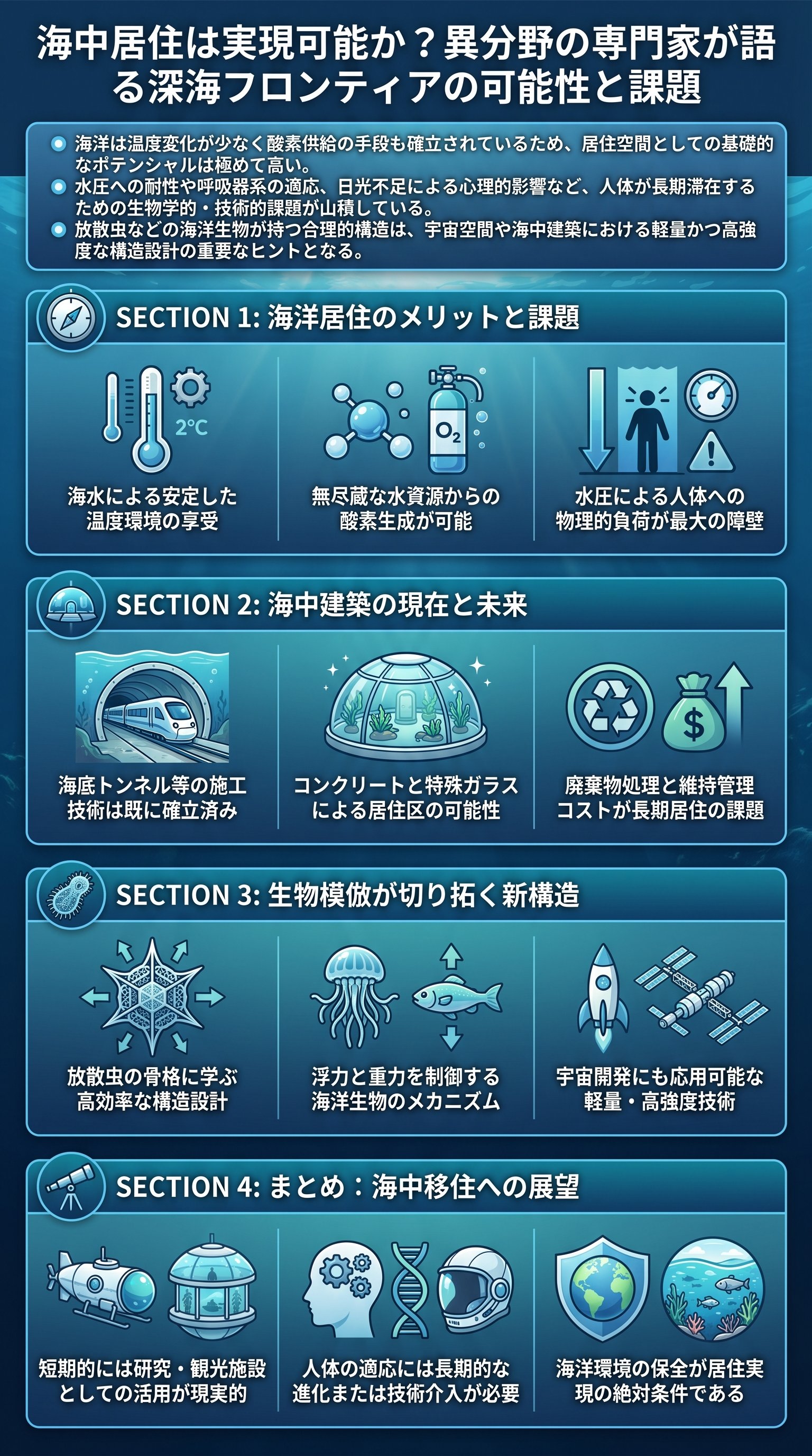 海中居住は実現可能か?異分野の専門家が語る深海フロンティアの可能性と課題を要約 - 1分でわかるスライド要約 (manabi)