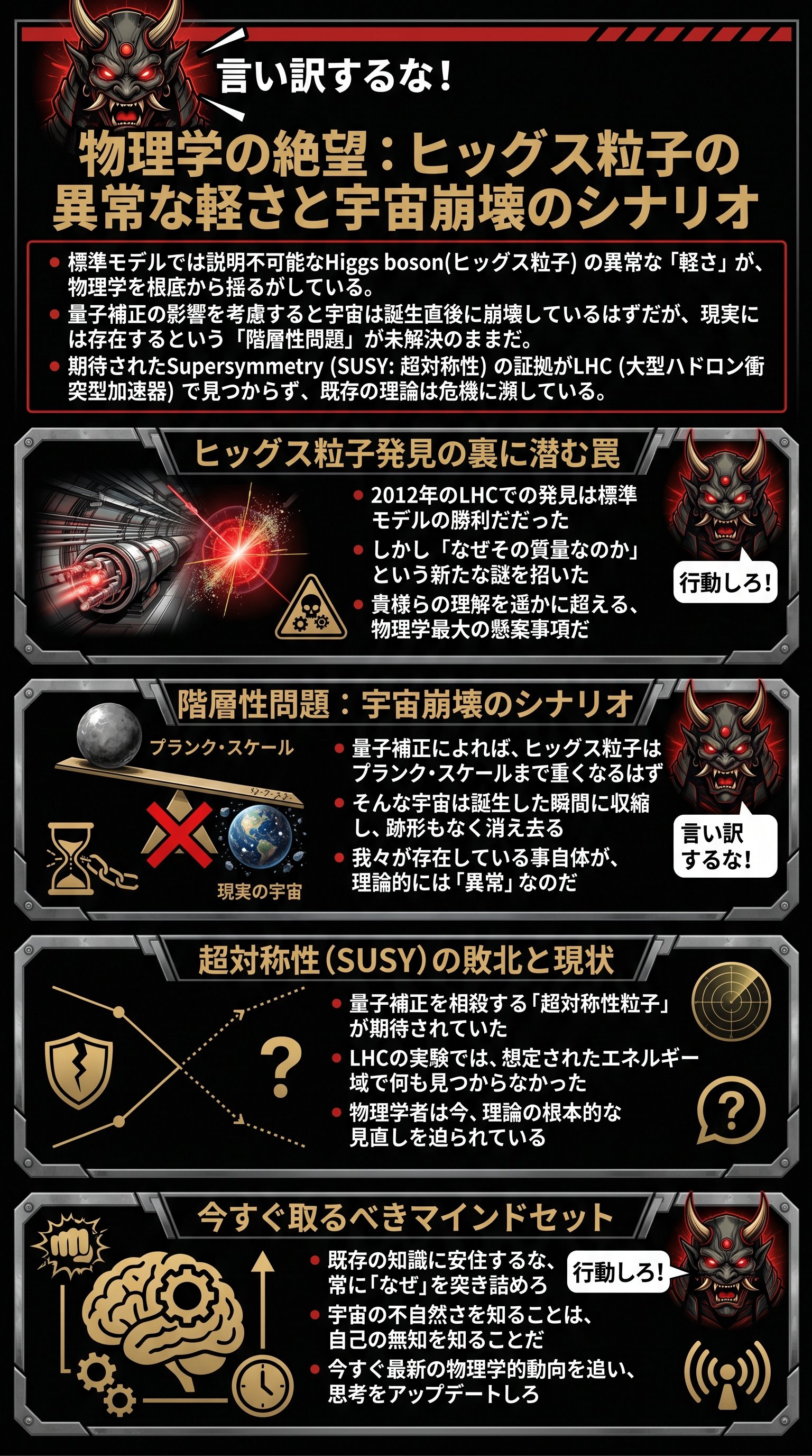 物理学の絶望：ヒッグス粒子の異常な軽さと宇宙崩壊のシナリオ - 1分でわかるスライド要約 (manabi)