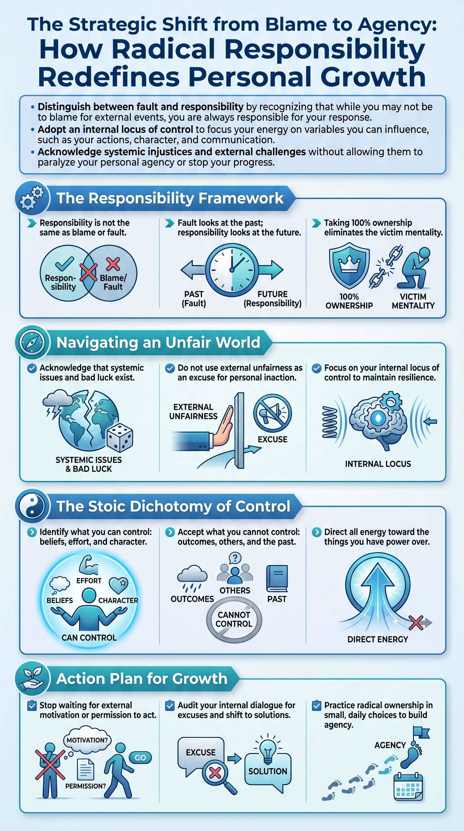 The Strategic Shift from Blame to Agency: How Radical Responsibility Redefines Personal Growth - 1分でわかるスライド要約 (manabi)