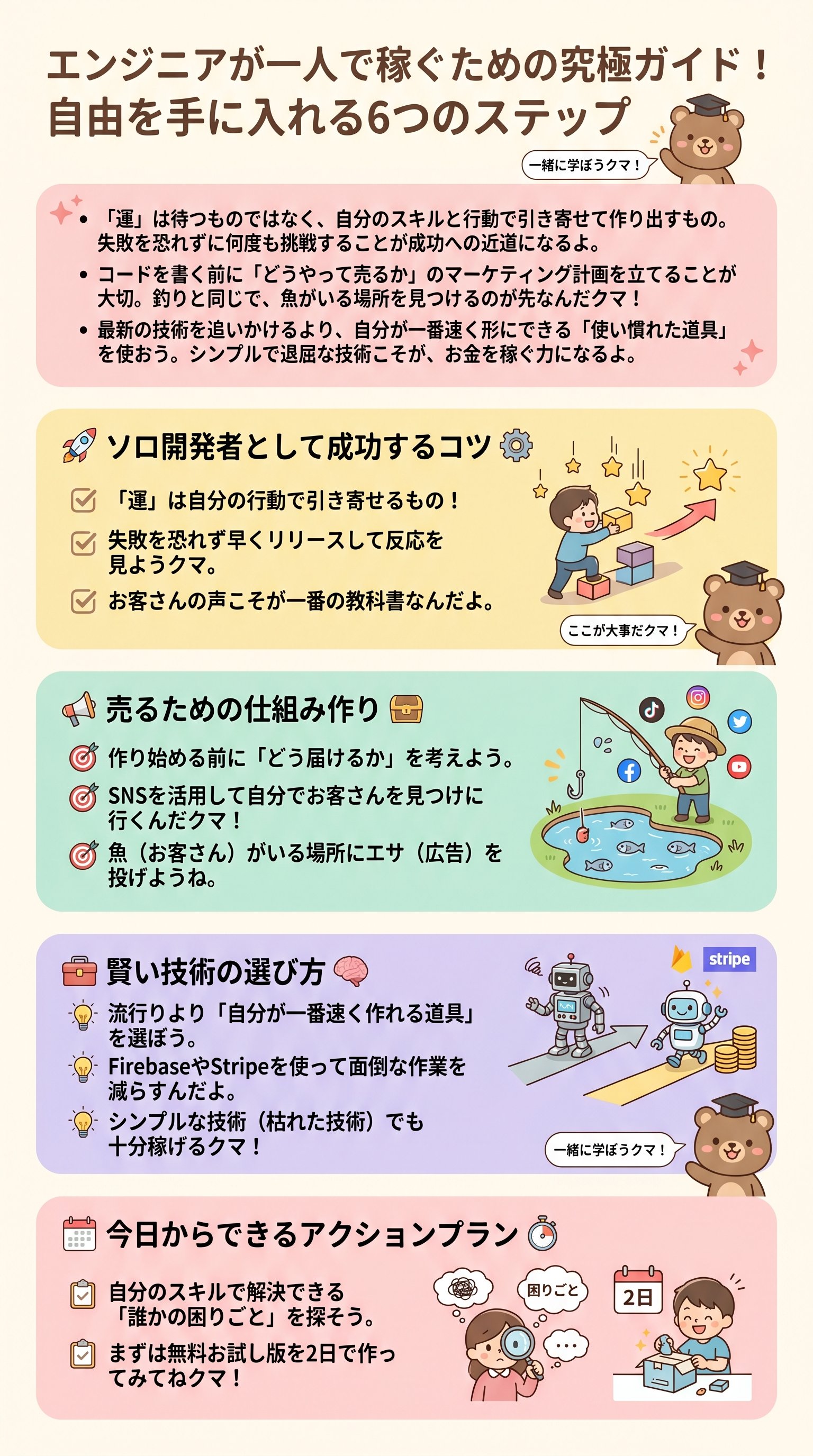 エンジニアが一人で稼ぐための究極ガイド！自由を手に入れる6つのステップ - 1分でわかるスライド要約 (manabi)