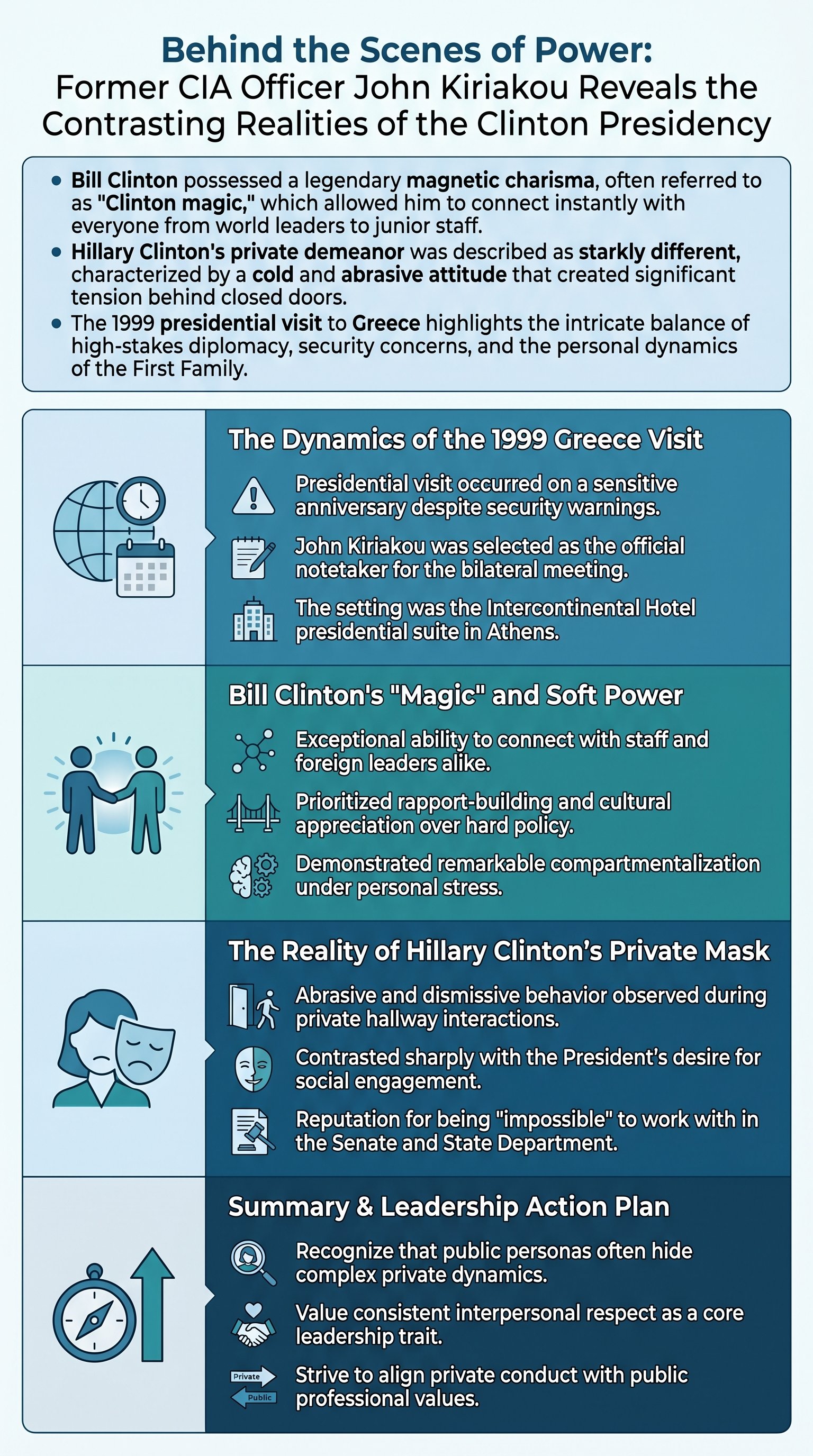 Behind the Scenes of Power: Former CIA Officer John Kiriakou Reveals the Contrasting Realities of the Clinton Presidency - 1分でわかるスライド要約 (manabi)