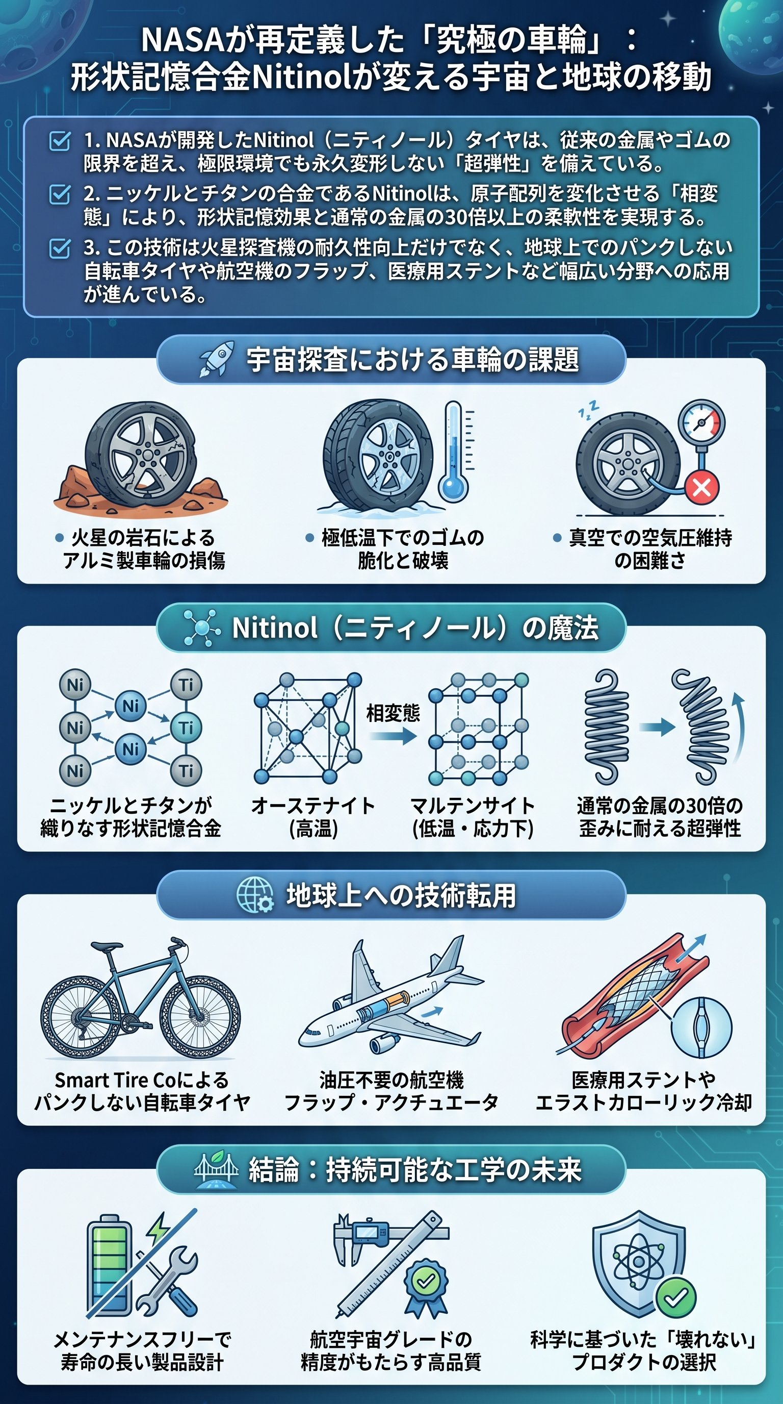 NASAが再定義した「究極の車輪」：形状記憶合金Nitinolが変える宇宙と地球の移動 - 1分でわかるスライド要約 (manabi)