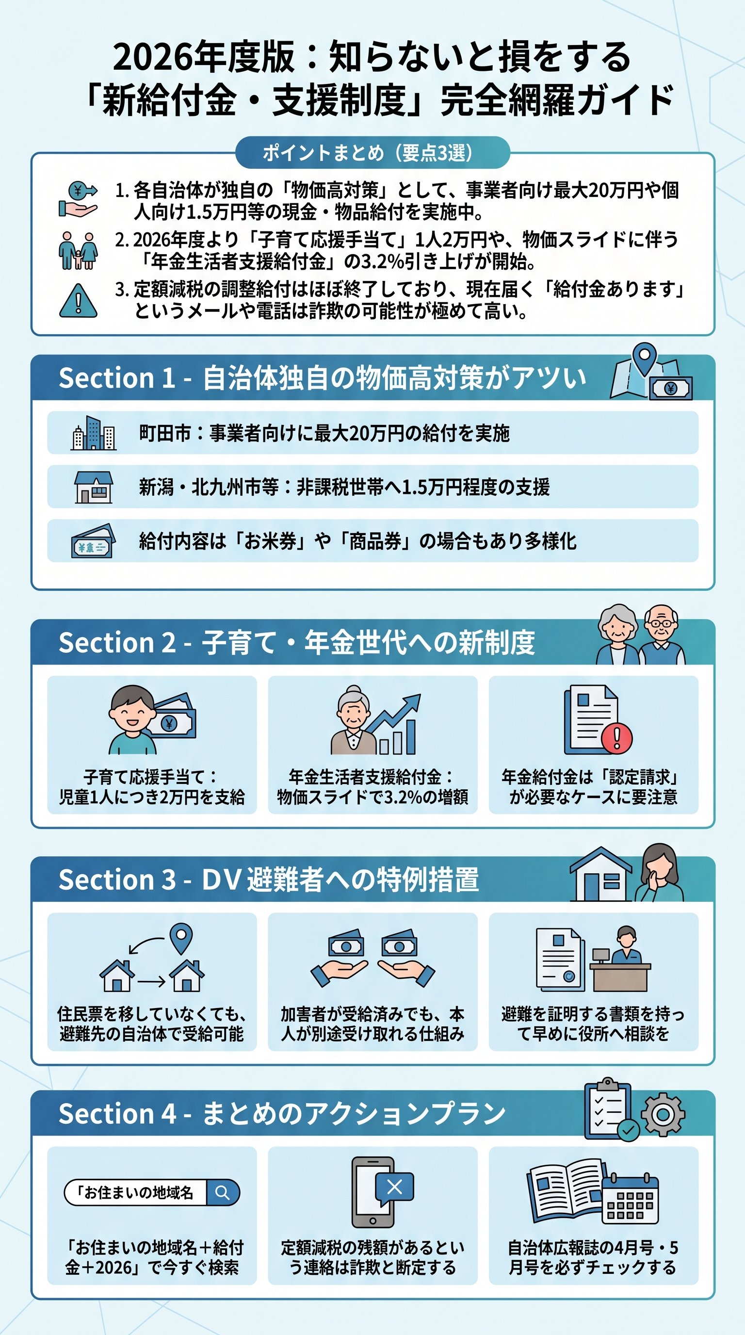 【2026年最新】新給付金・支援制度の要約と詐欺対策|ほらっち - 1分でわかるスライド要約 (manabi)