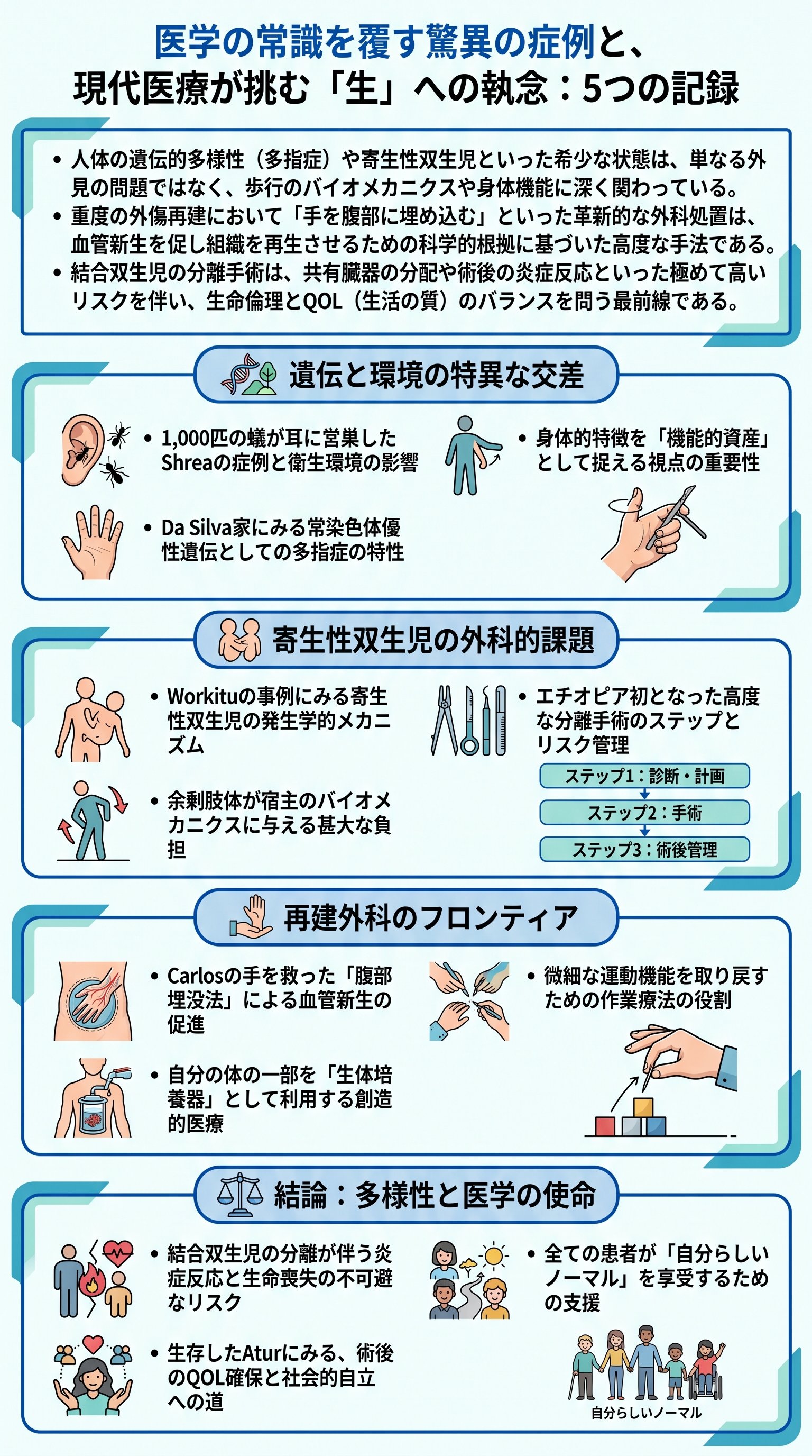 医学の常識を覆す驚異の症例と、現代医療が挑む「生」への執念：5つの記録 - 1分でわかるスライド要約 (manabi)
