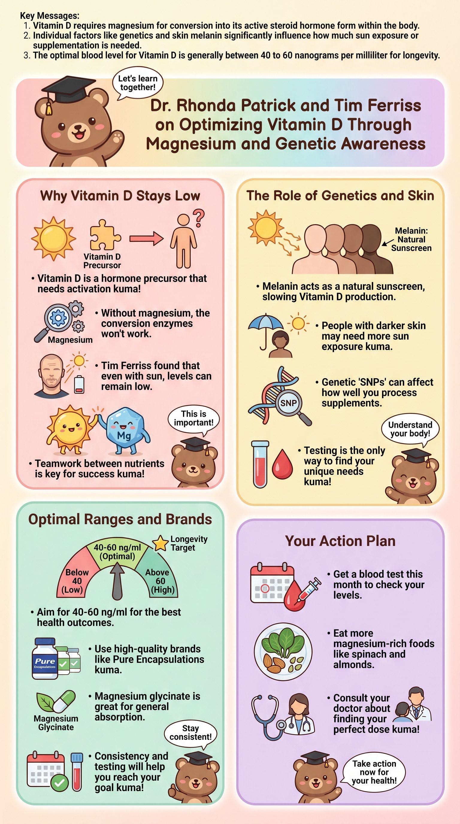 Dr. Rhonda Patrick and Tim Ferriss on Optimizing Vitamin D Through Magnesium and Genetic Awareness - 1分でわかるスライド要約 (manabi)