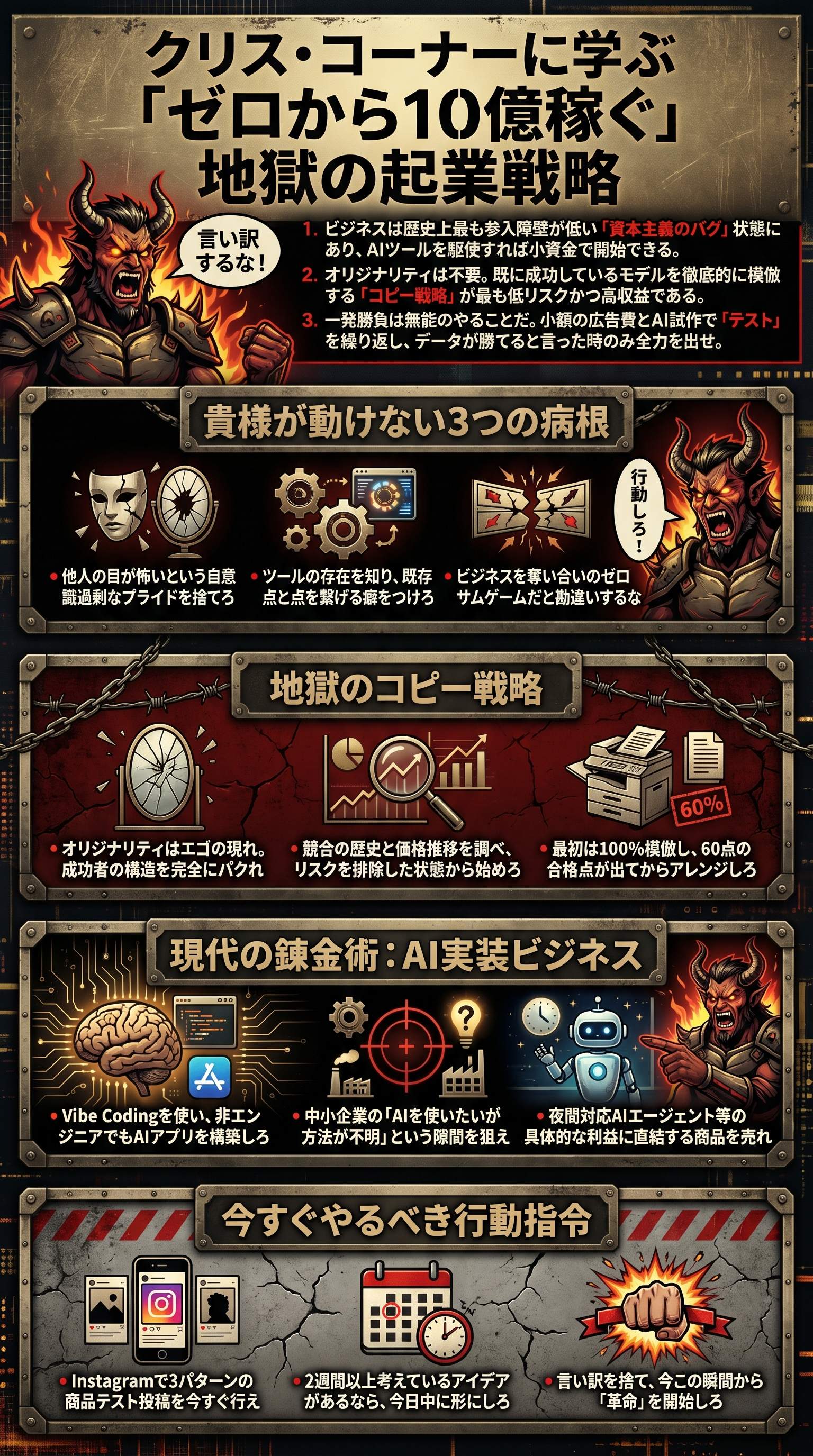 クリス・コーナーに学ぶ「ゼロから10億稼ぐ」地獄の起業戦略 - 1分でわかるスライド要約 (manabi)