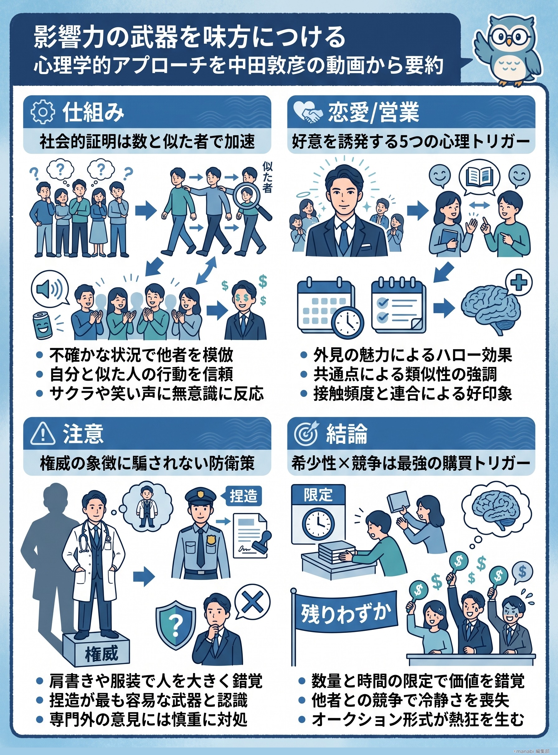 影響力の武器を味方につける心理学的アプローチを中田敦彦の動画から要約 - 1分でわかるスライド要約 (manabi)