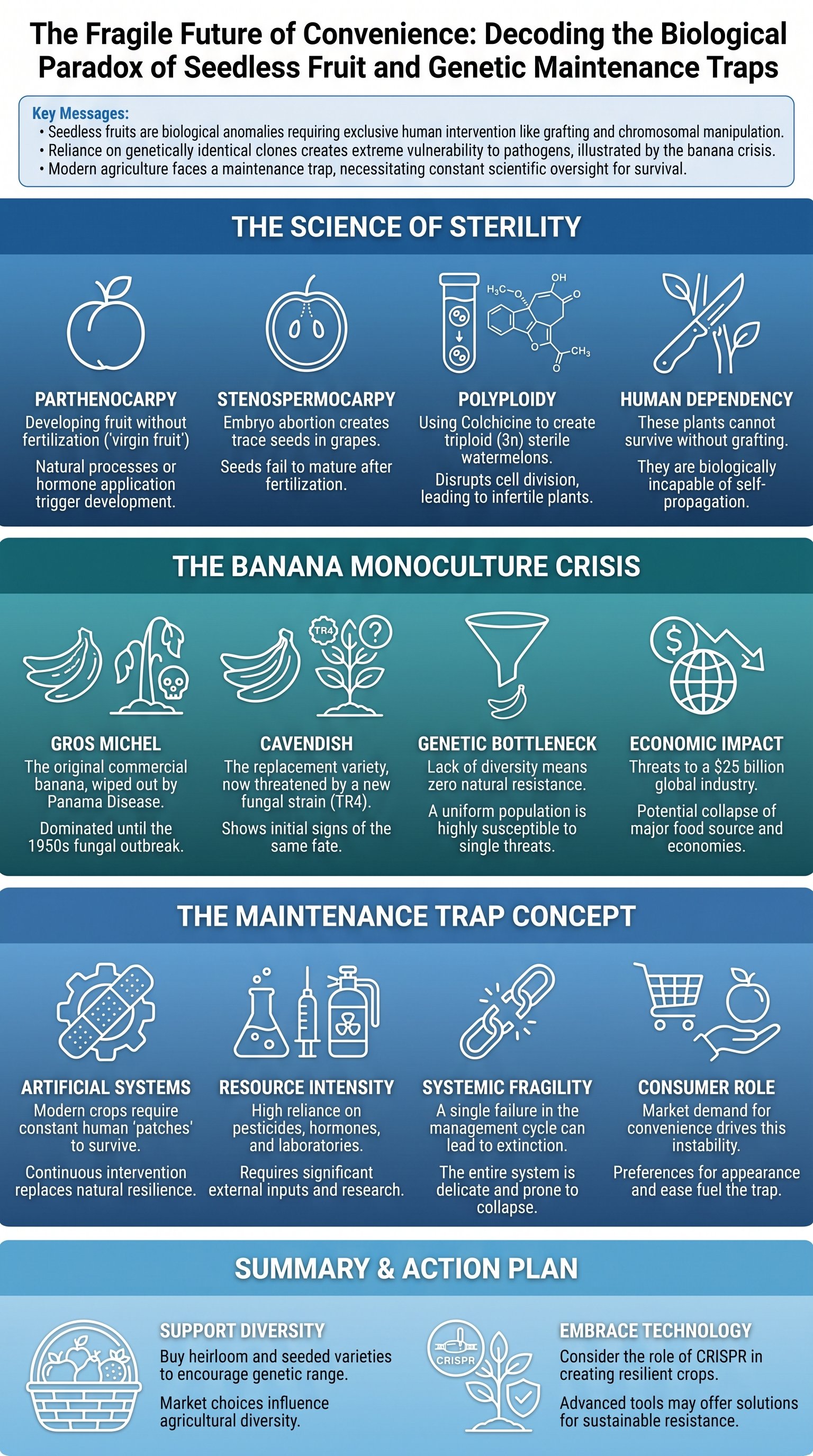 The Fragile Future of Convenience: Decoding the Biological Paradox of Seedless Fruit and Genetic Maintenance Traps - 1分でわかるスライド要約 (manabi)