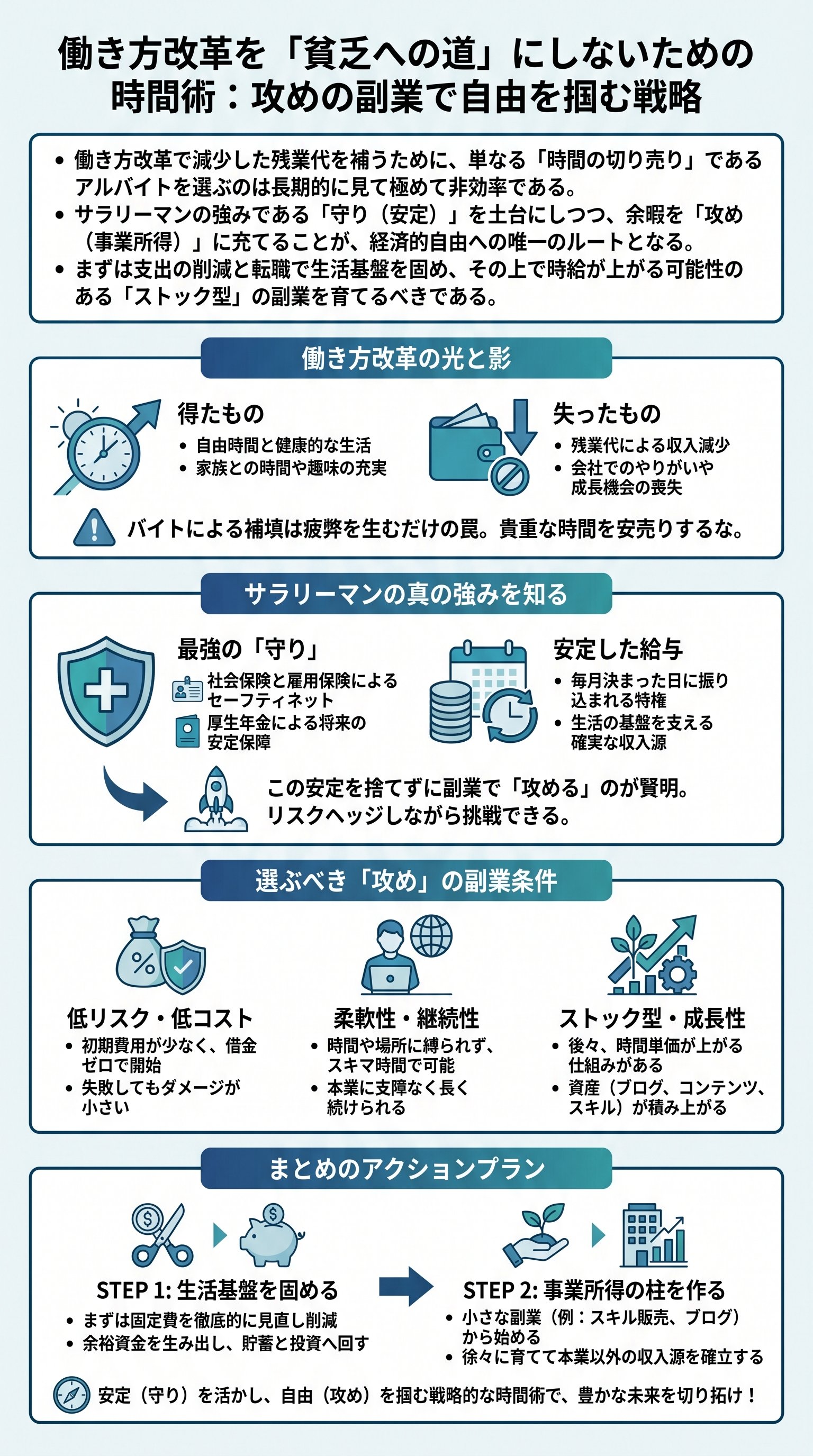 働き方改革を「貧乏への道」にしないための時間術:攻めの副業で自由を掴む戦略を要約 - 1分でわかるスライド要約 (manabi)