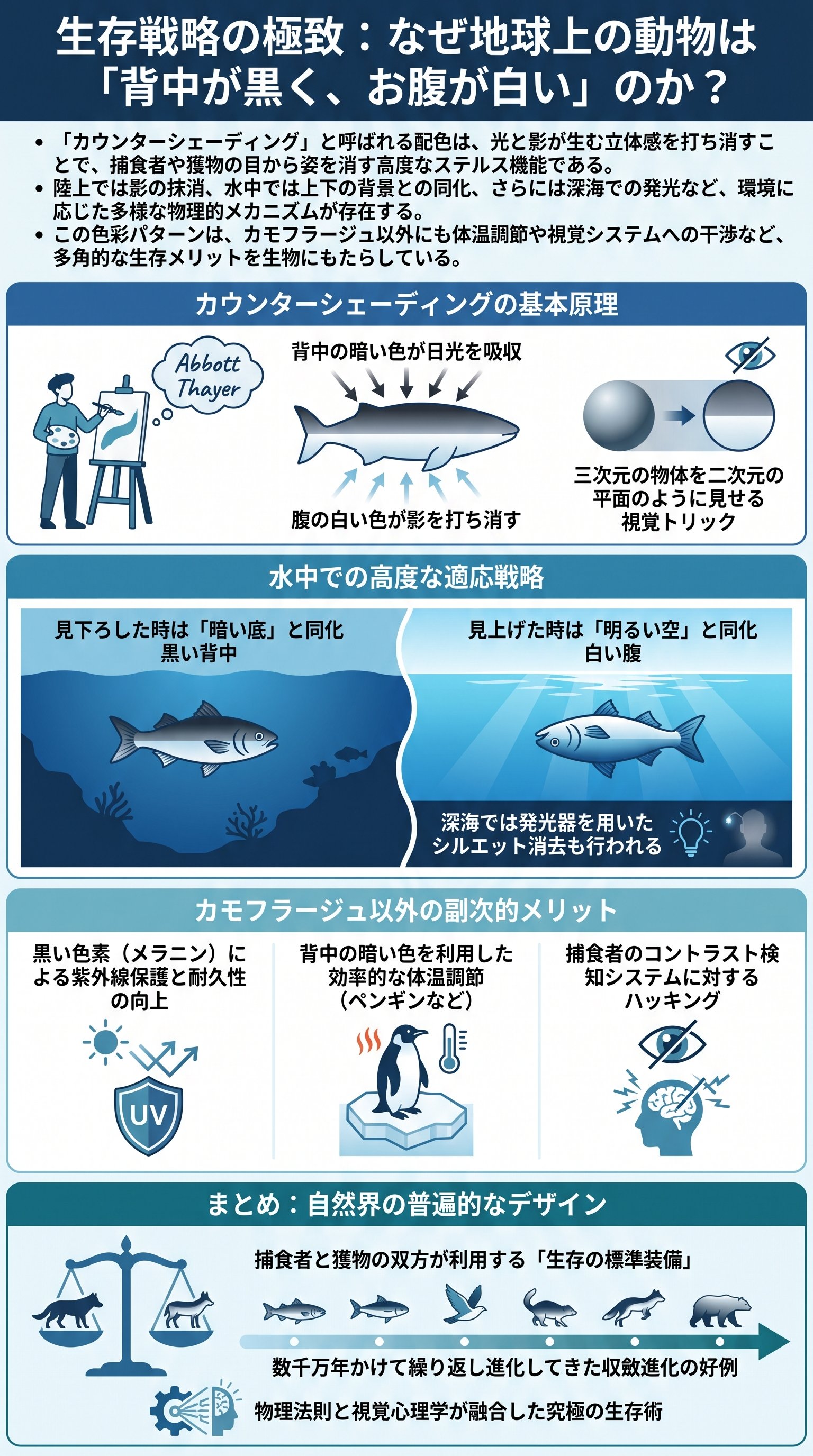 生存戦略の極致：なぜ地球上の動物は「背中が黒く、お腹が白い」のか？ - 1分でわかるスライド要約 (manabi)