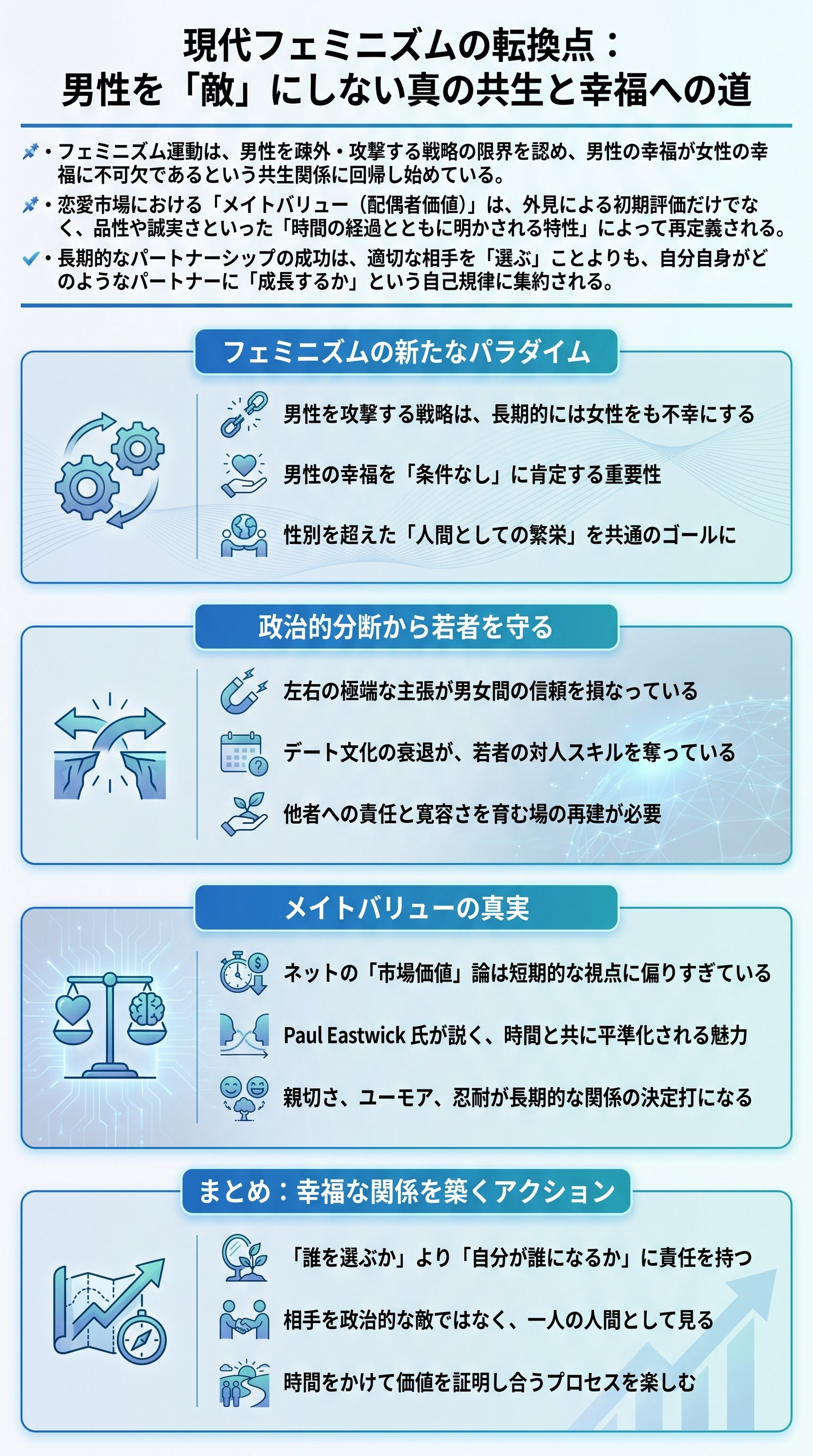 現代フェミニズムの転換点：男性を「敵」にしない真の共生と幸福への道 - 1分でわかるスライド要約 (manabi)