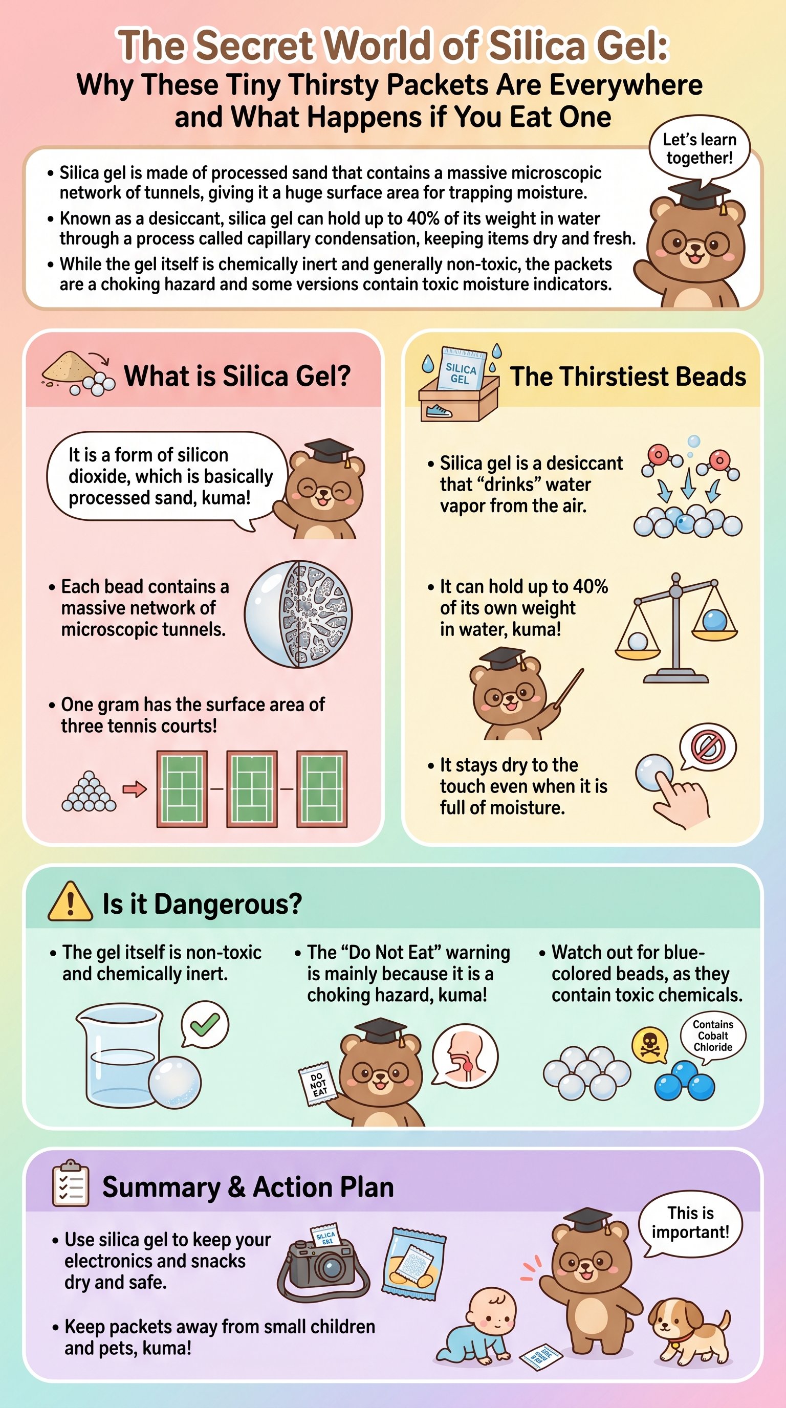 The Secret World of Silica Gel: Why These Tiny Thirsty Packets Are Everywhere and What Happens if You Eat One - 1分でわかるスライド要約 (manabi)