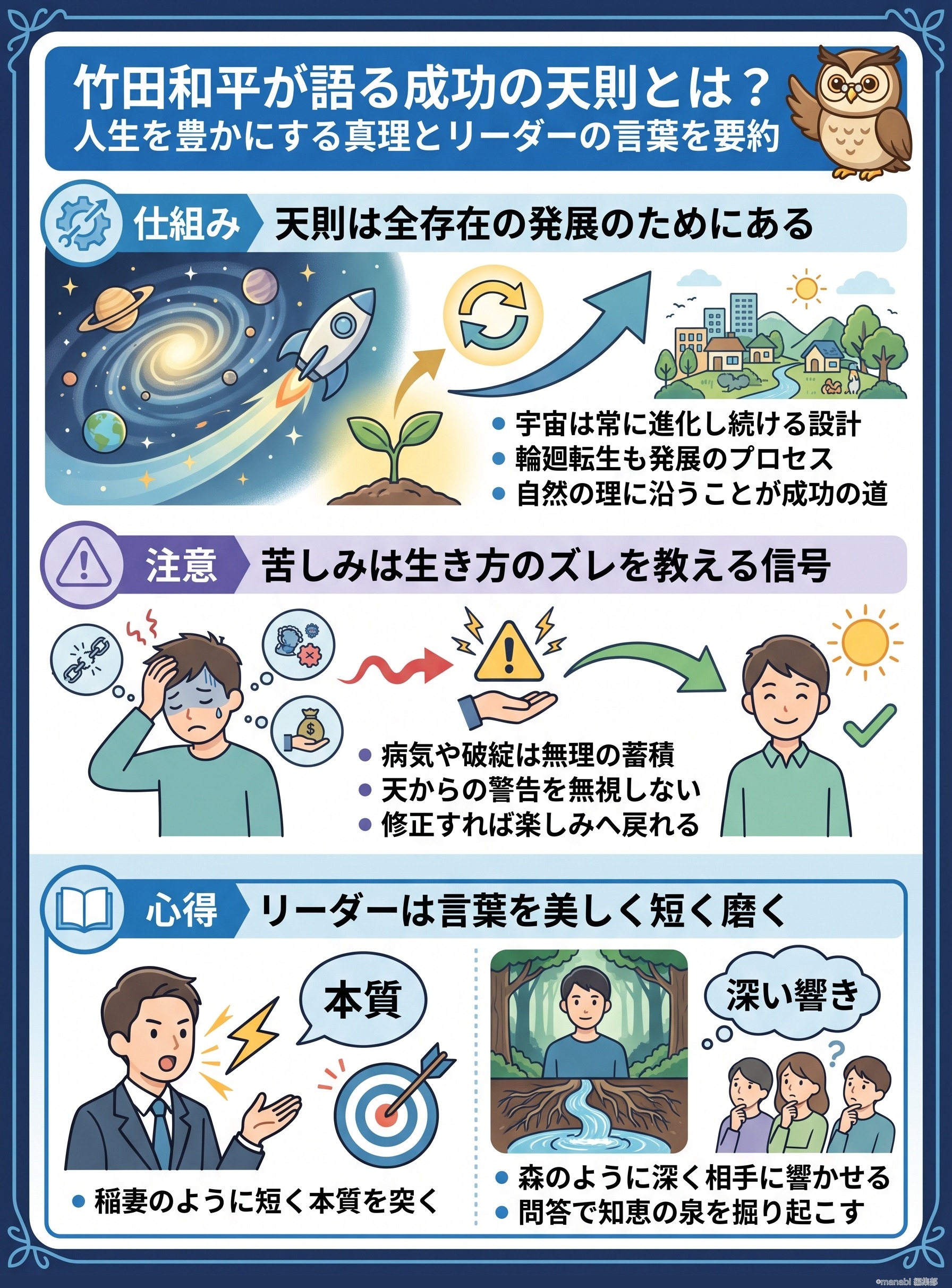 竹田和平が語る成功の天則とは？人生を豊かにする真理とリーダーの言葉を要約 - 1分でわかるスライド要約 (manabi)