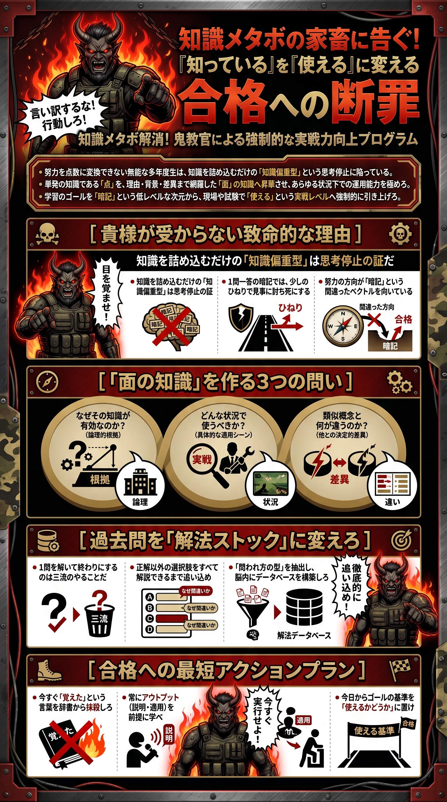 資格試験に落ちる多年度生へ：知識を点数に変える３戦略を要約 - 1分でわかるスライド要約 (manabi)
