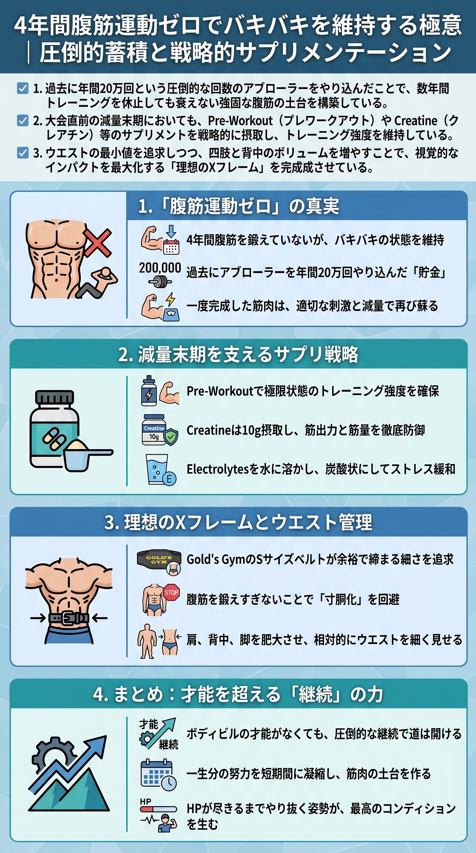 腹筋運動なしで腹筋を維持する秘訣をサイヤマングレートが要約 - 1分でわかるスライド要約 (manabi)