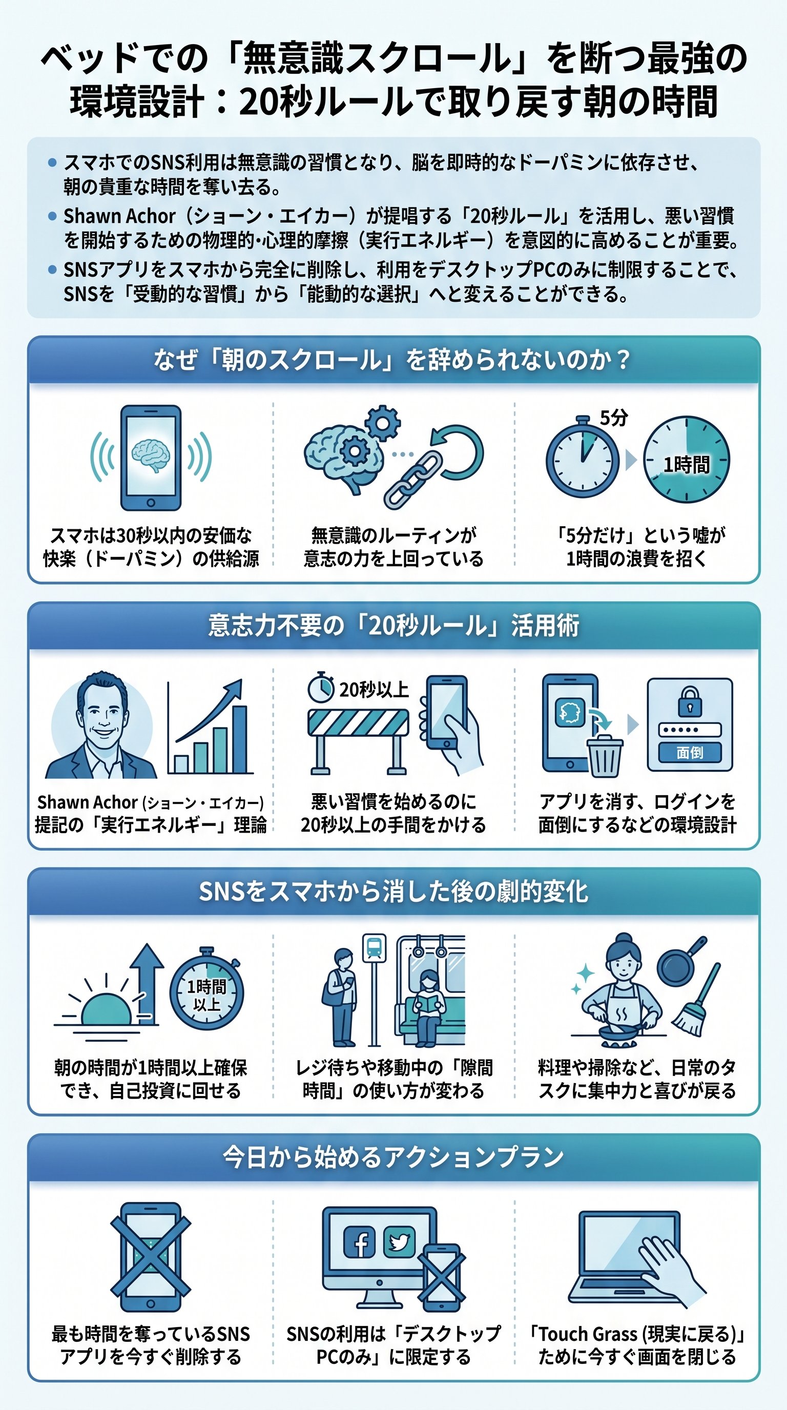 ベッドでの「無意識スクロール」を断つ最強の環境設計：20秒ルールで取り戻す朝の時間 - 1分でわかるスライド要約 (manabi)