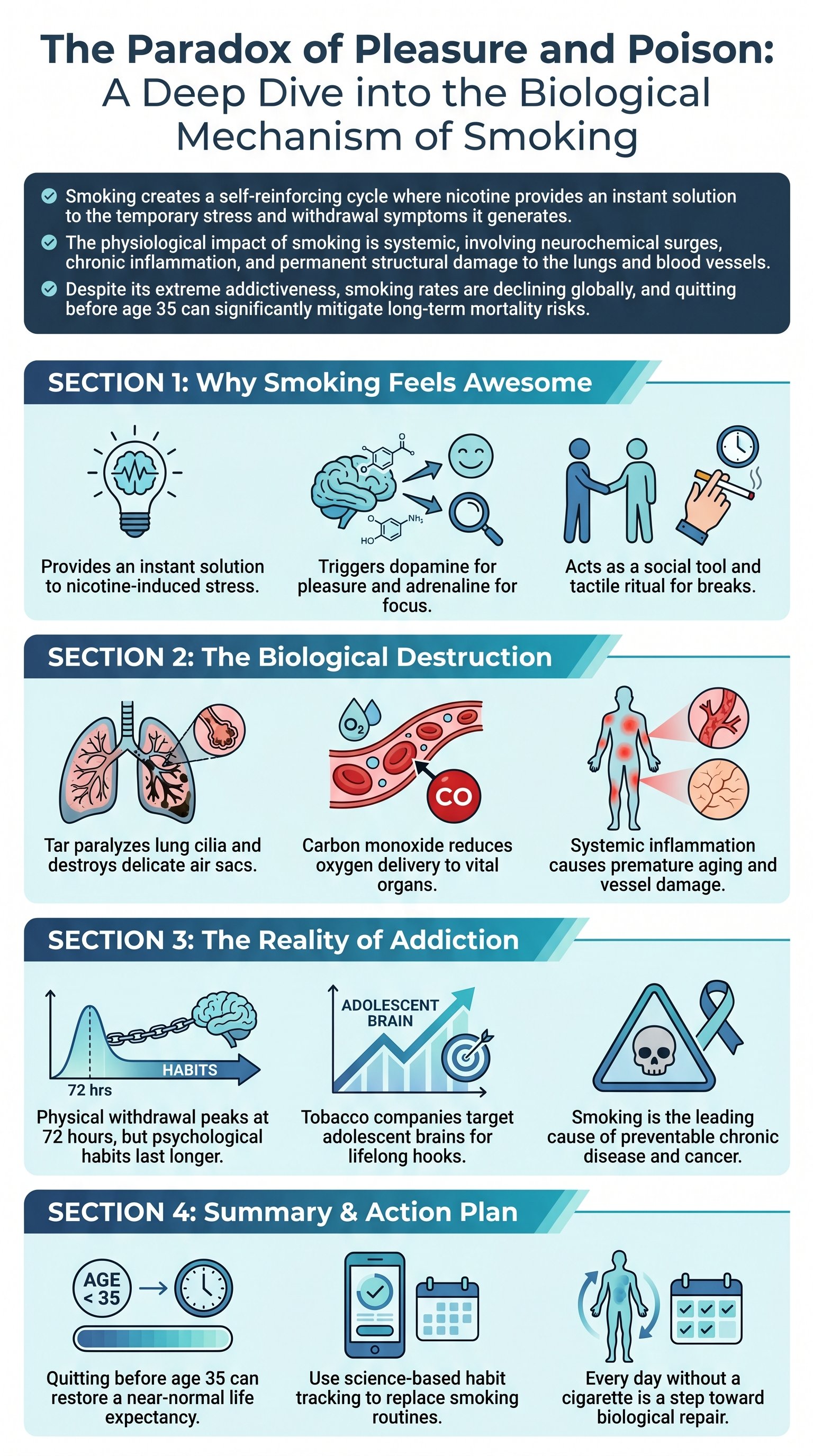 The Paradox of Pleasure and Poison: A Deep Dive into the Biological Mechanism of Smoking - 1分でわかるスライド要約 (manabi)